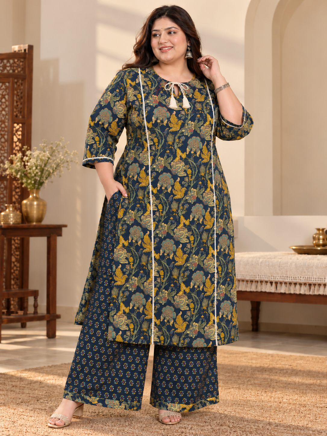 U&F Beyond Women Plus Size Navy Blue Printed Cotton Keyhole Neck Kurta with Printed Palazzo Set