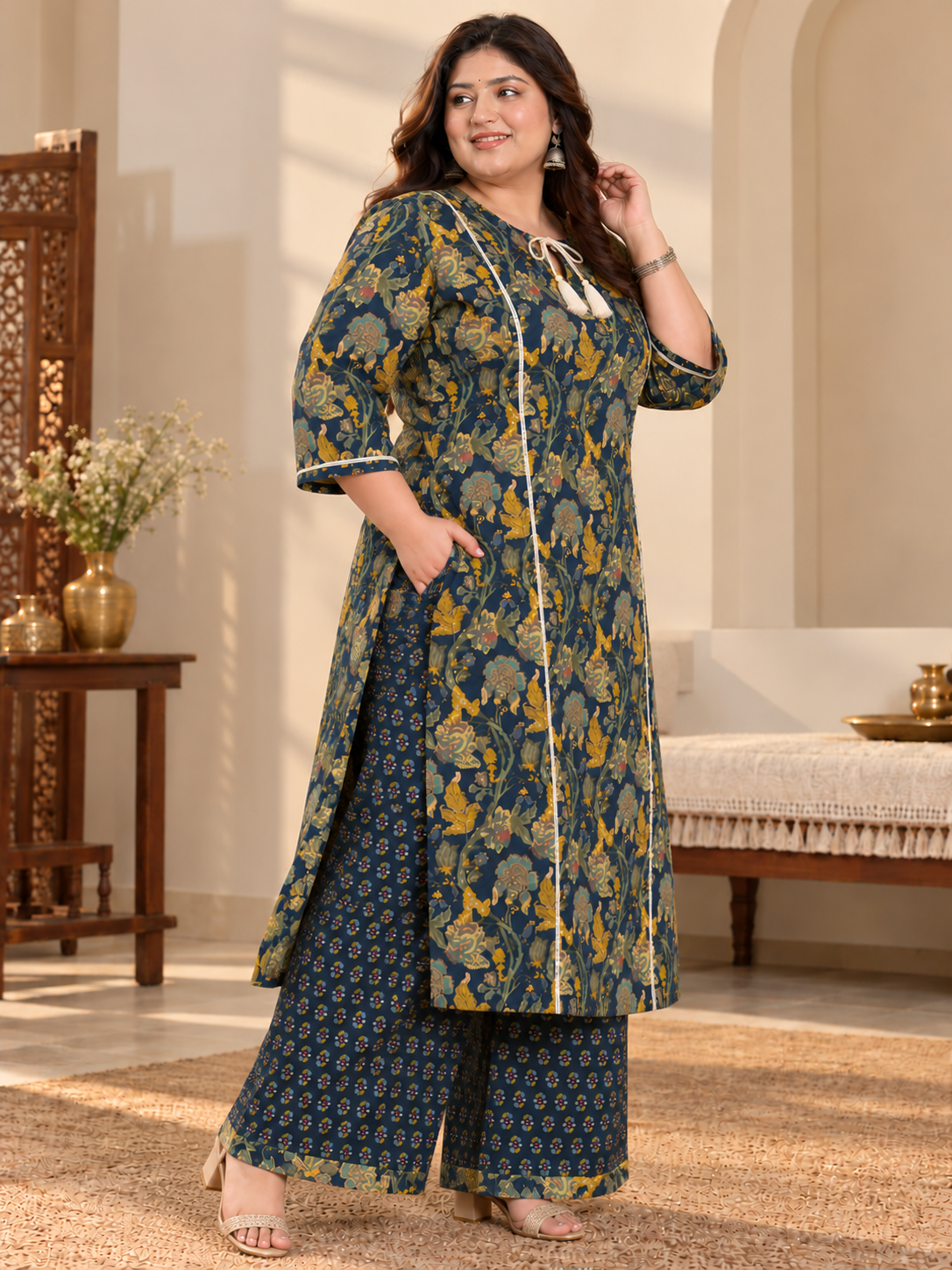 U&F Beyond Women Plus Size Navy Blue Printed Cotton Keyhole Neck Kurta with Printed Palazzo Set