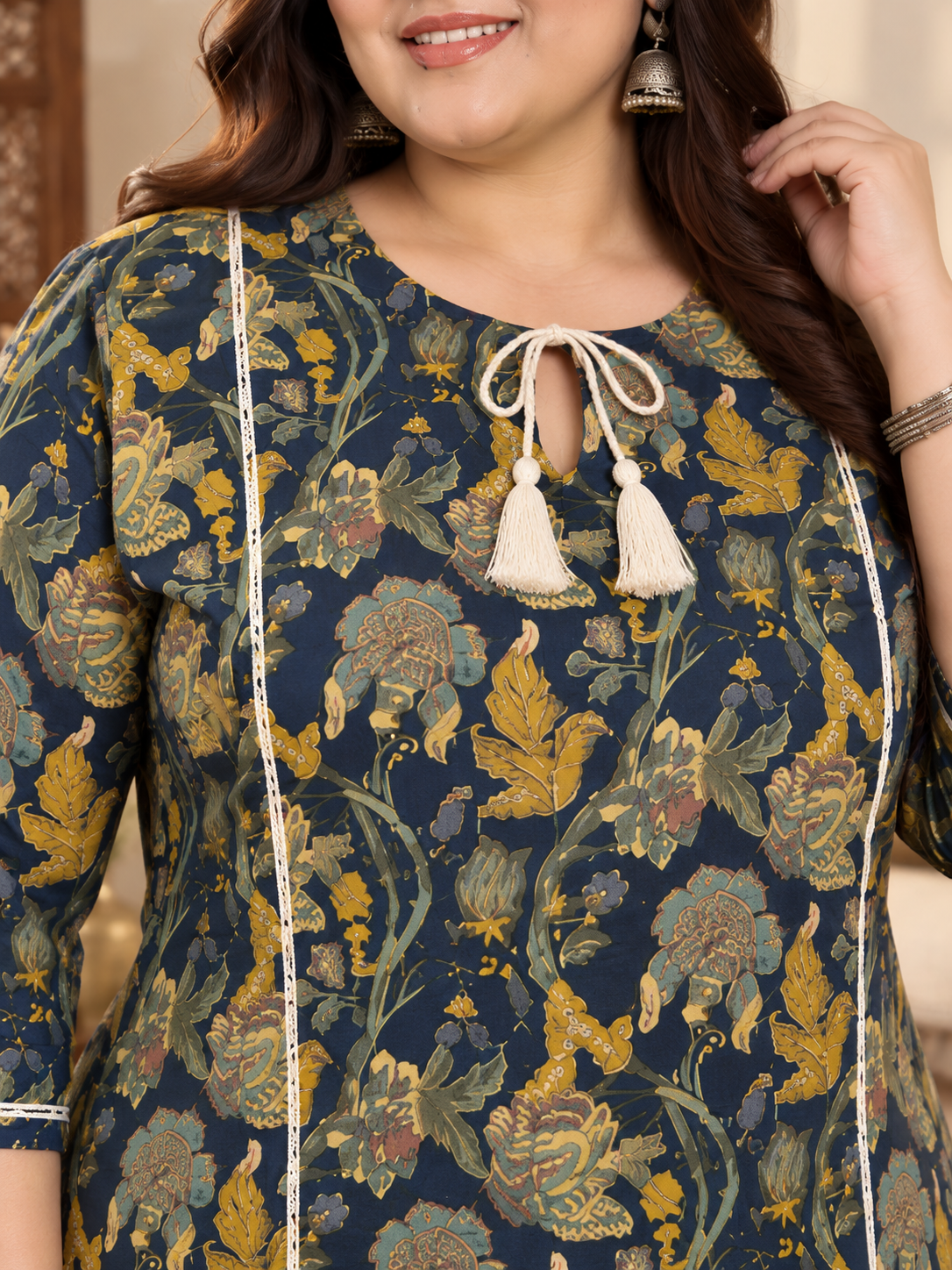 U&F Beyond Women Plus Size Navy Blue Printed Cotton Keyhole Neck Kurta with Printed Palazzo Set