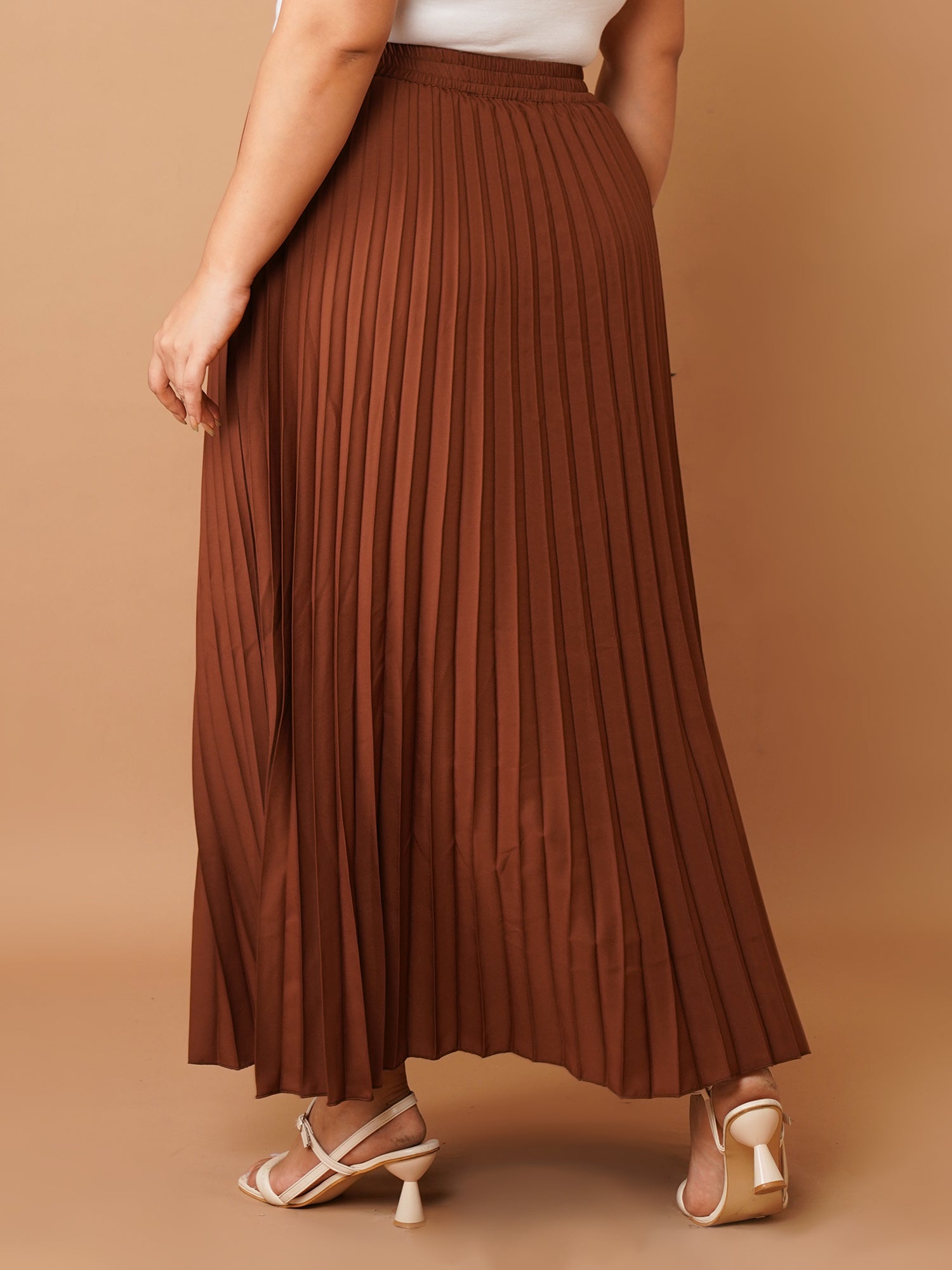 U&F Beyond Brown Crepe Pleated Maxi Skirt with Elastic Waistband