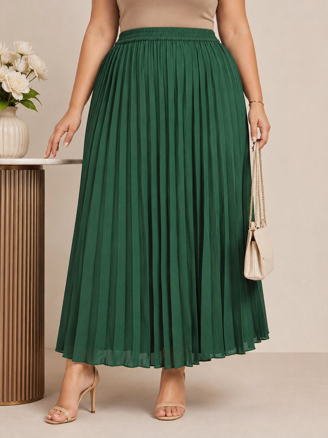 U&F Beyond Emerald Green Solid Pleated Plus Size Maxi Skirt