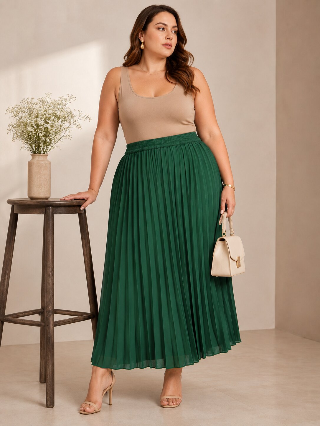 U&F Beyond Emerald Green Solid Pleated Plus Size Maxi Skirt