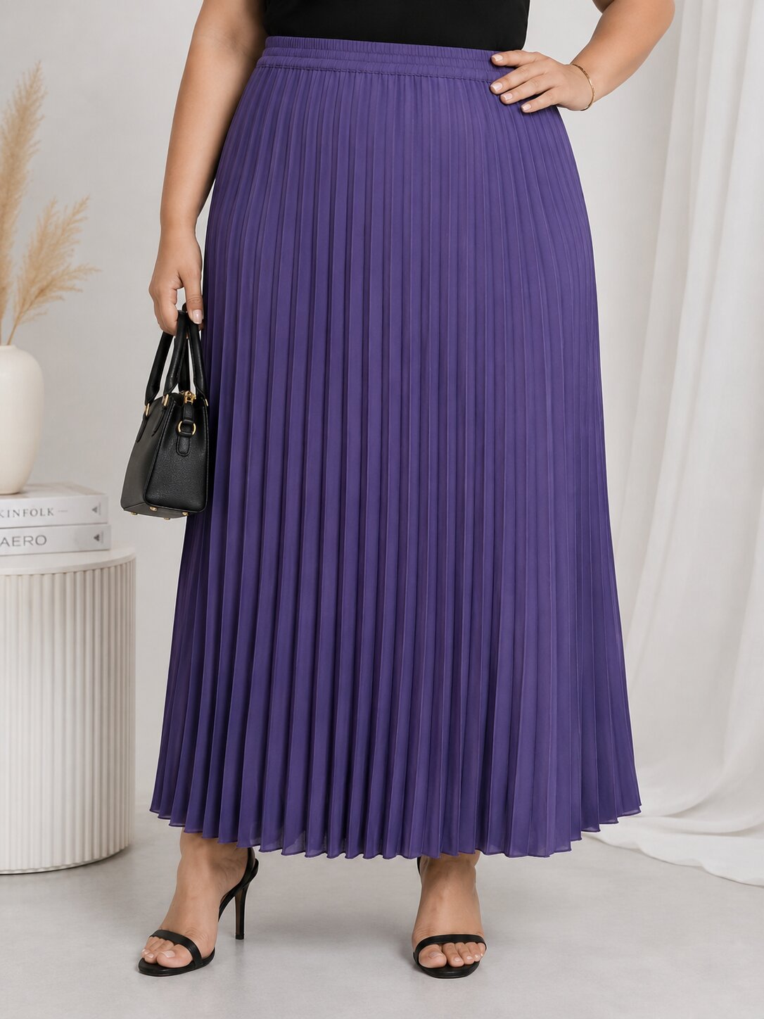 U&F Beyond Purple Solid Pleated Plus Size Maxi Skirt
