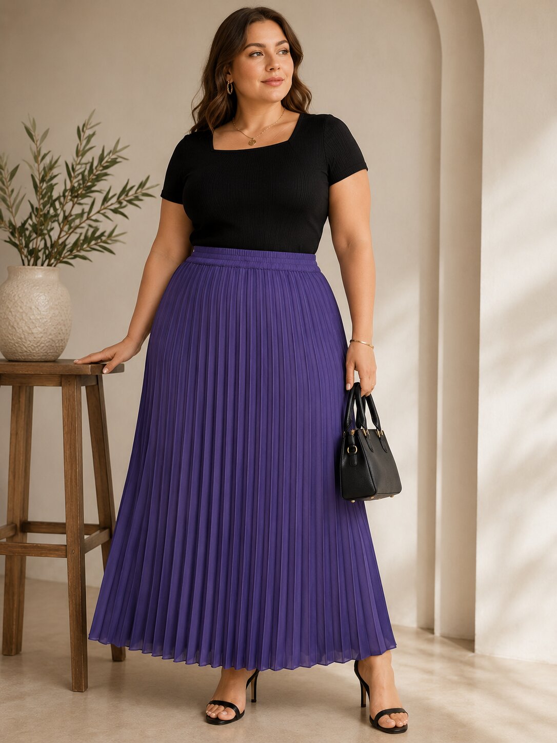 U&F Beyond Purple Solid Pleated Plus Size Maxi Skirt