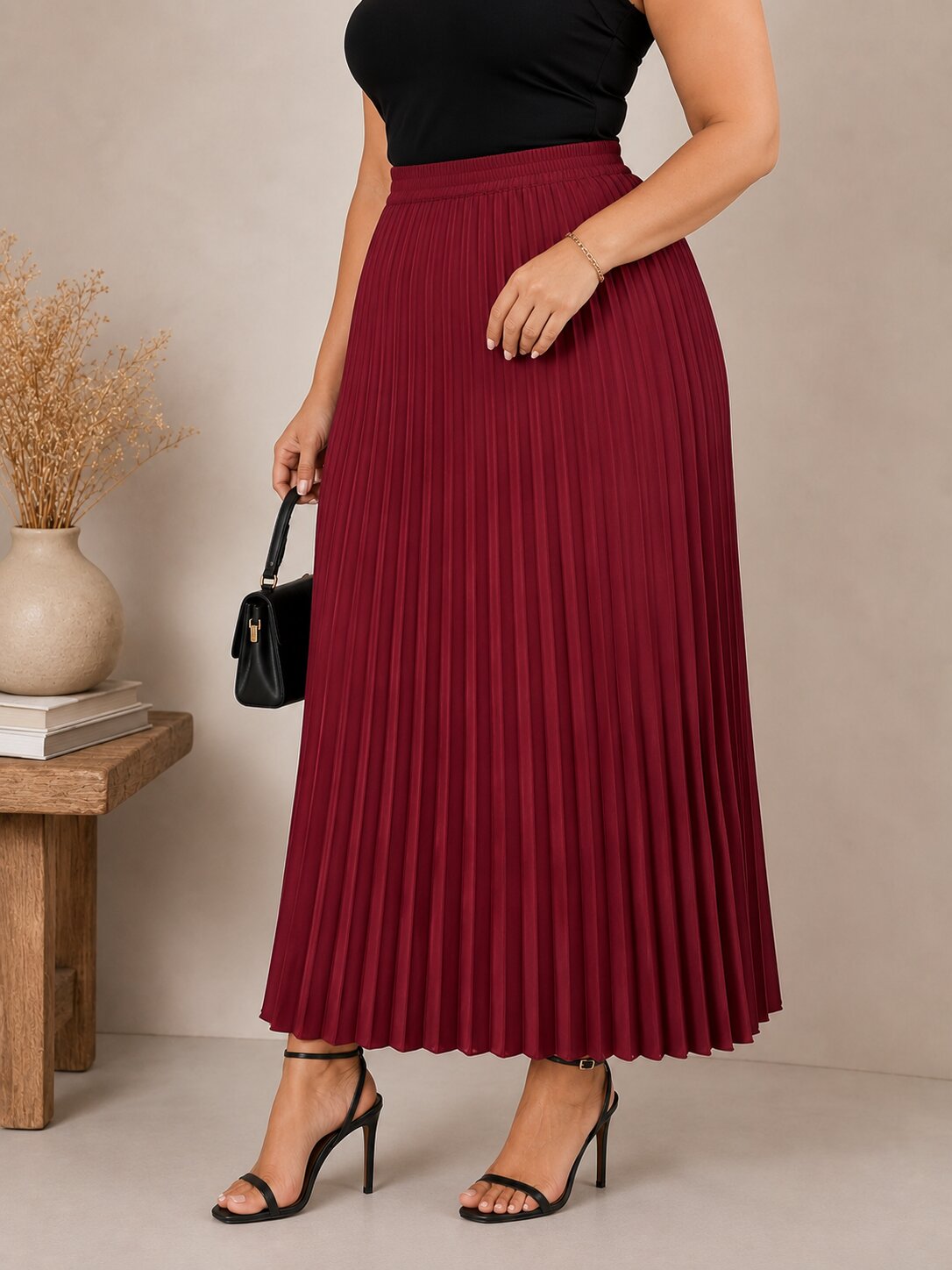 U&F Beyond Maroon Solid Flared Pleated Plus Size Maxi Skirt