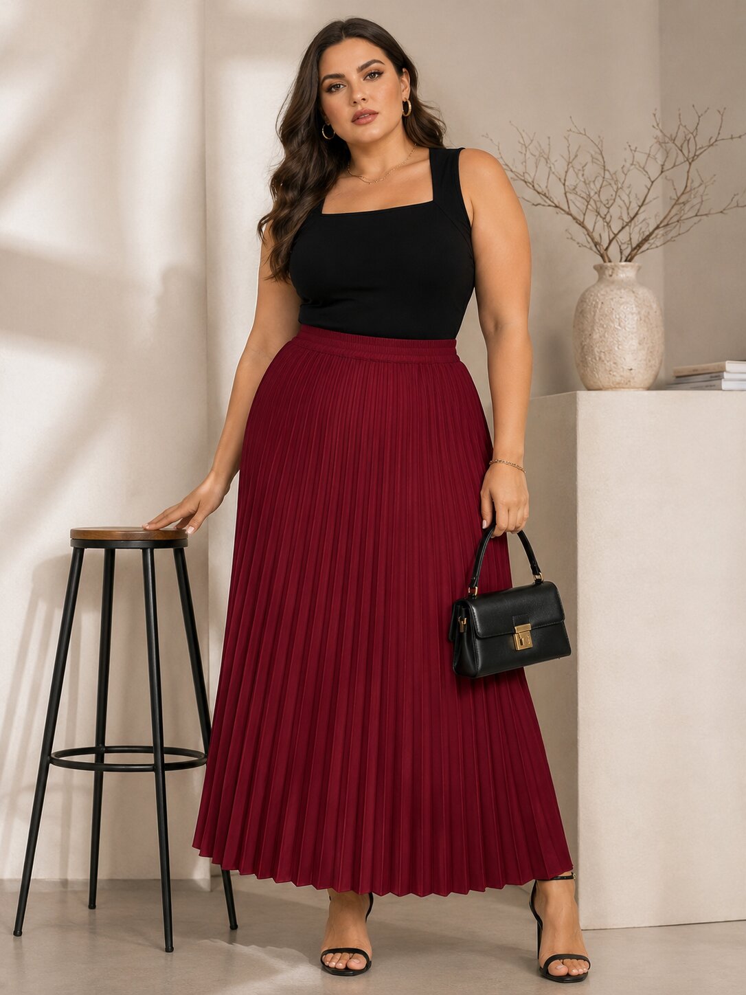 U&F Beyond Maroon Solid Flared Pleated Plus Size Maxi Skirt