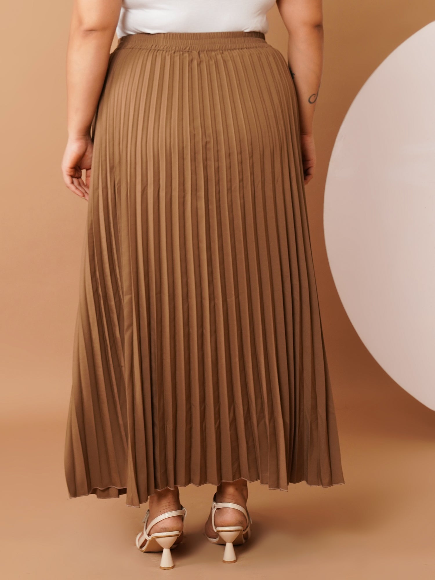 U&F Beyond Brown Crepe Pleated Maxi Skirt with Elastic Waistband (Sizes 38–48)
