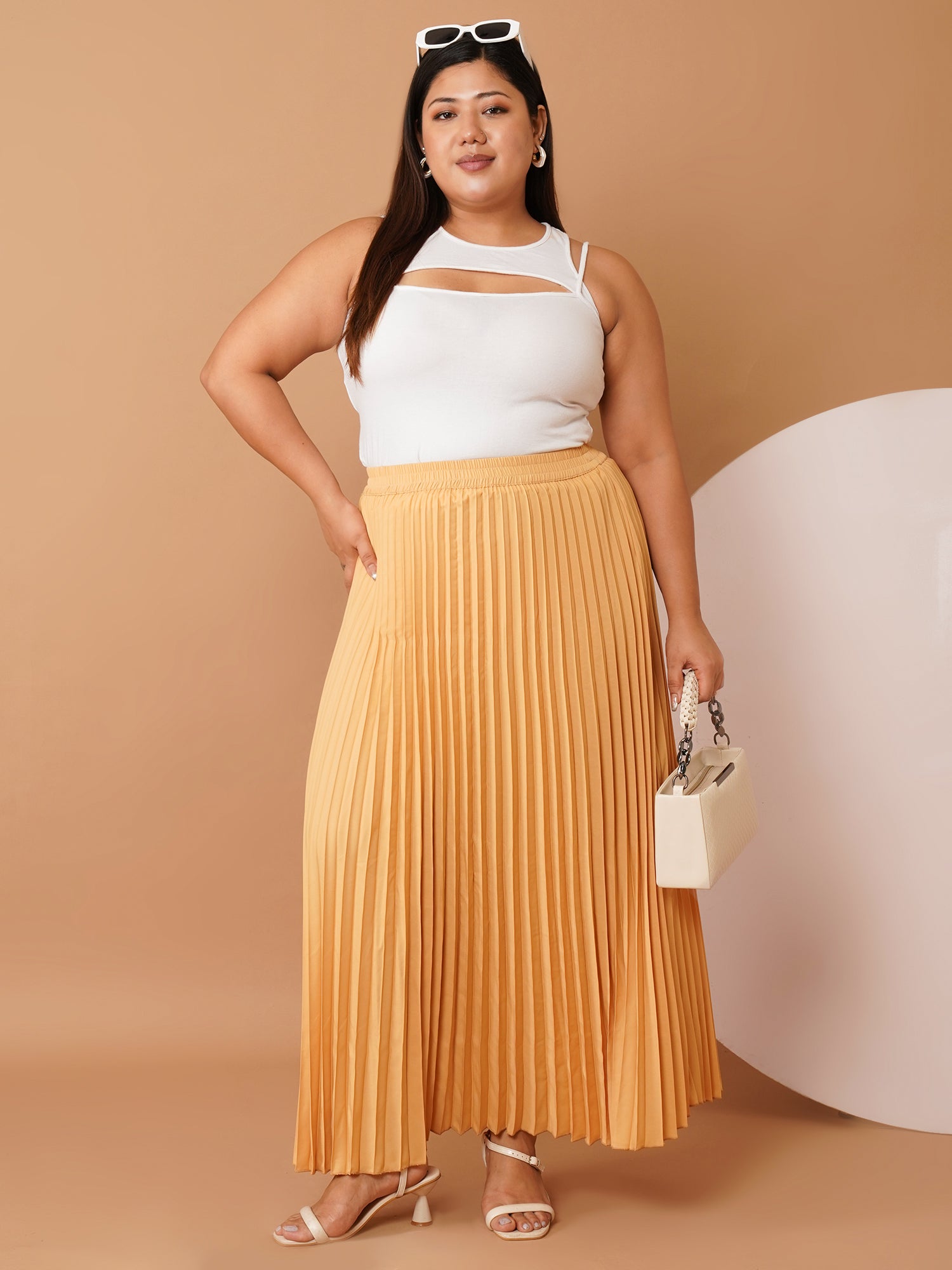 U&F Beyond Beige Crepe Pleated Maxi Skirt with Elastic Waistband (Sizes 38–48)