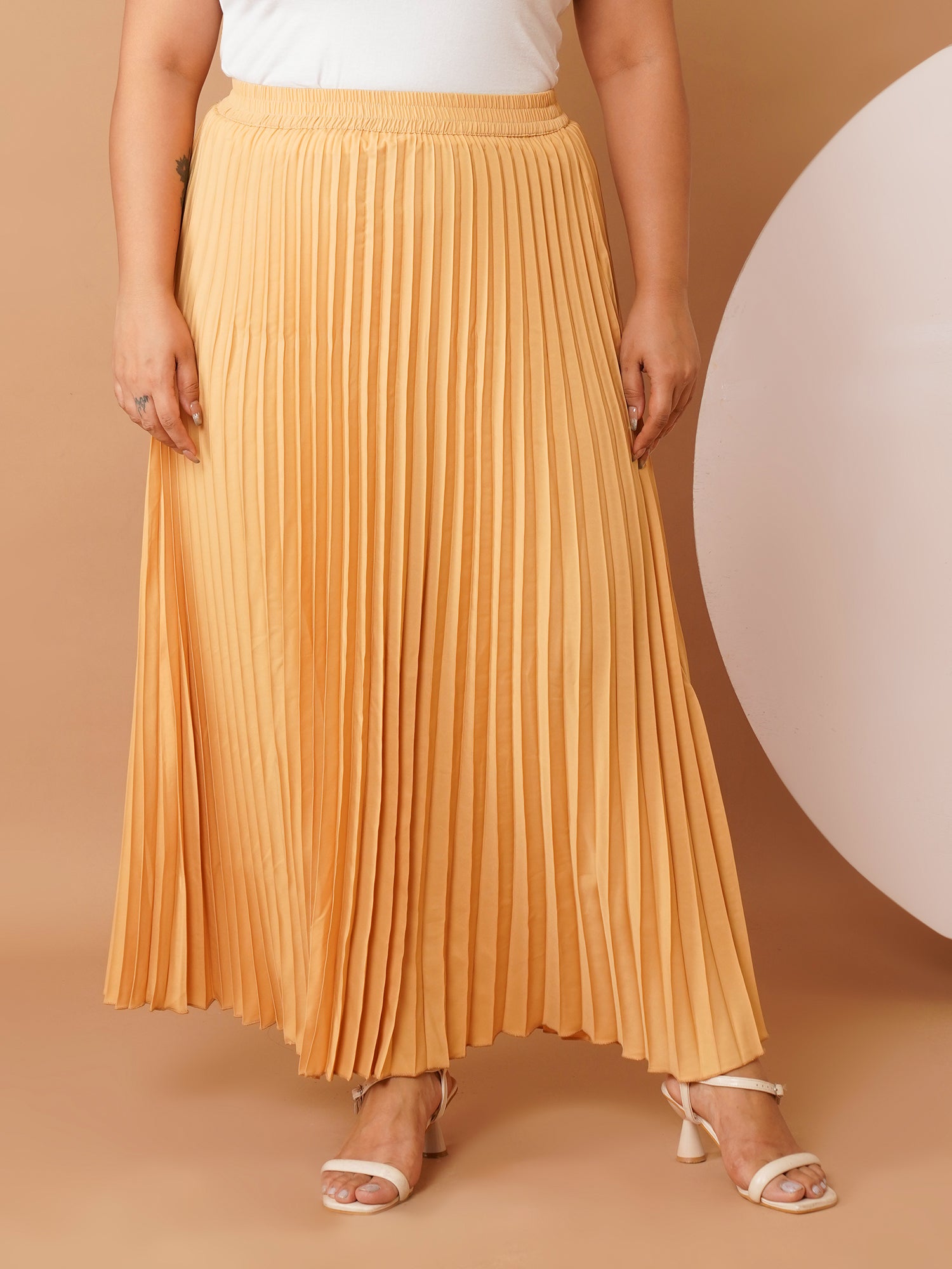 U&F Beyond Beige Crepe Pleated Maxi Skirt with Elastic Waistband (Sizes 38–48)