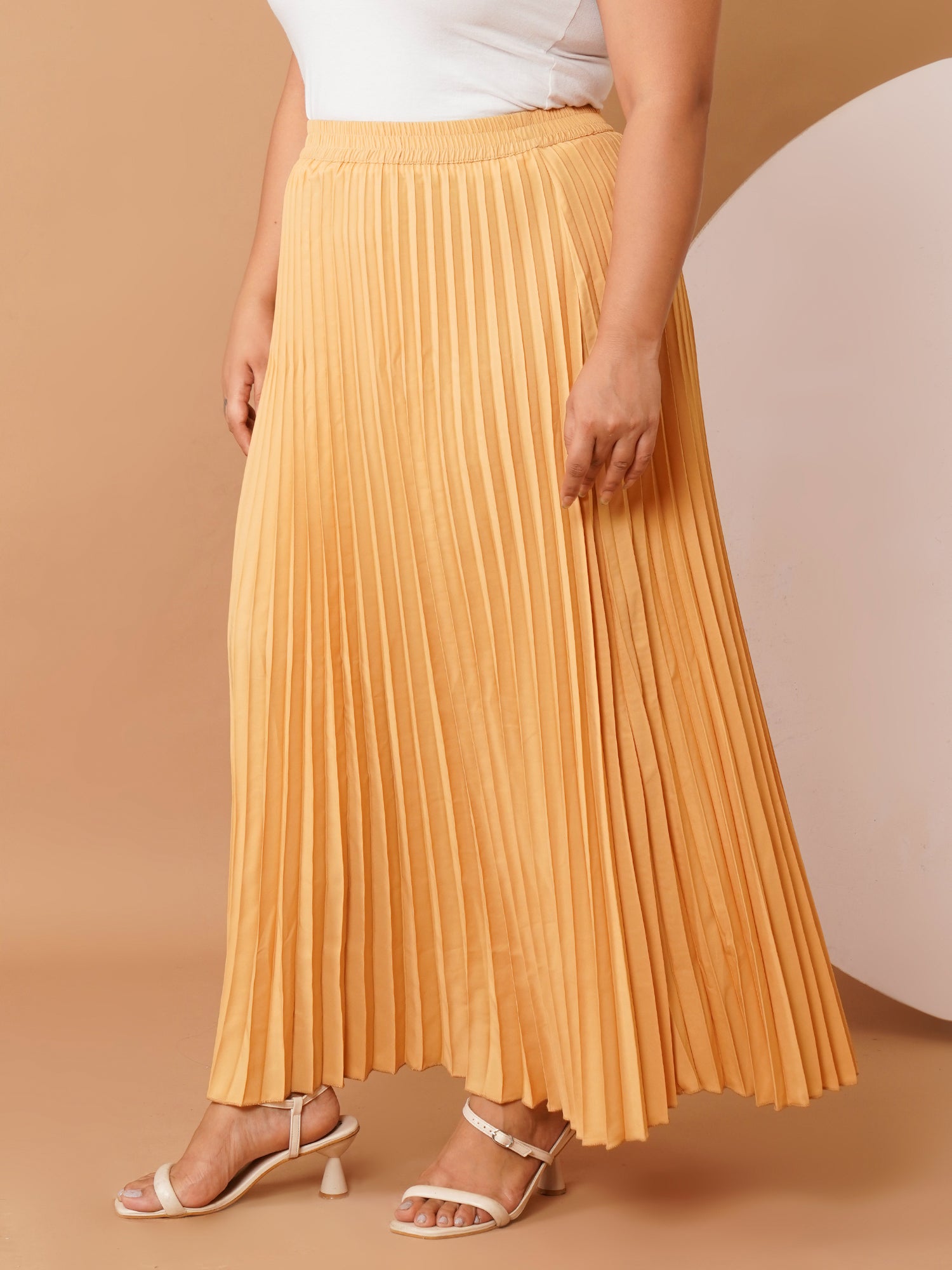 U&F Beyond Beige Crepe Pleated Maxi Skirt with Elastic Waistband (Sizes 38–48)