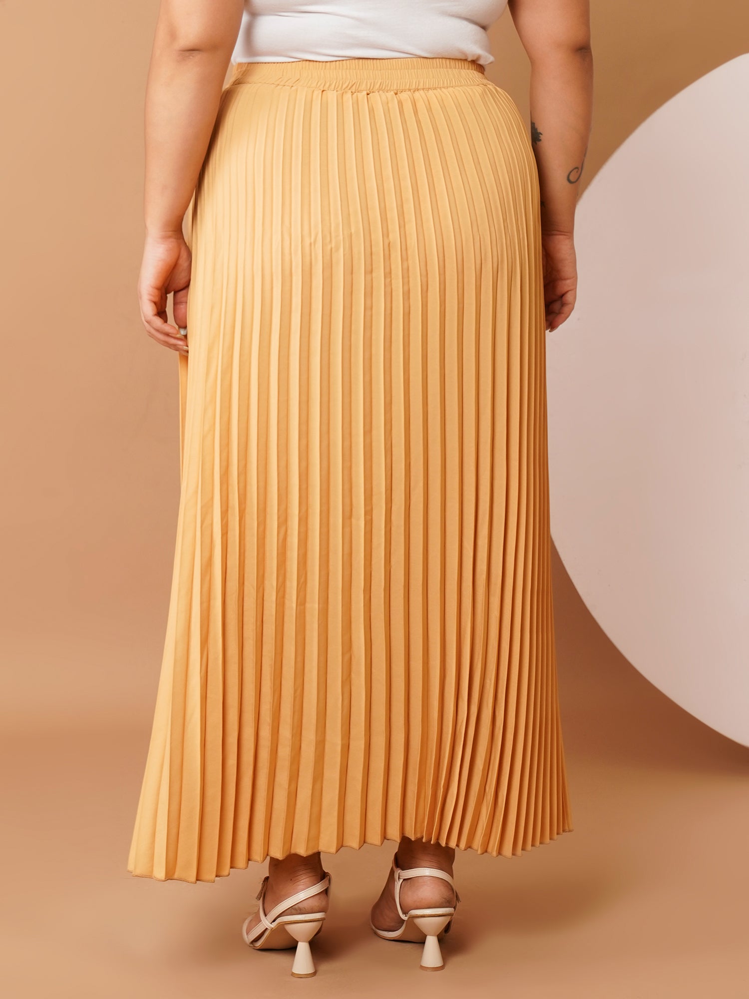 U&F Beyond Beige Crepe Pleated Maxi Skirt with Elastic Waistband (Sizes 38–48)