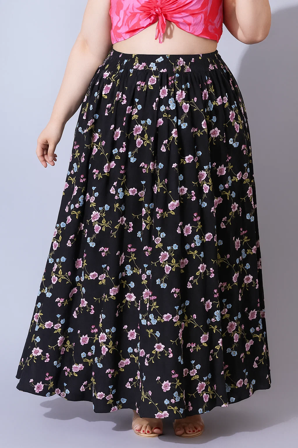 U&F Beyond Plus Size Women Black & Burgundy Floral Printed Pleated Flared Skirt