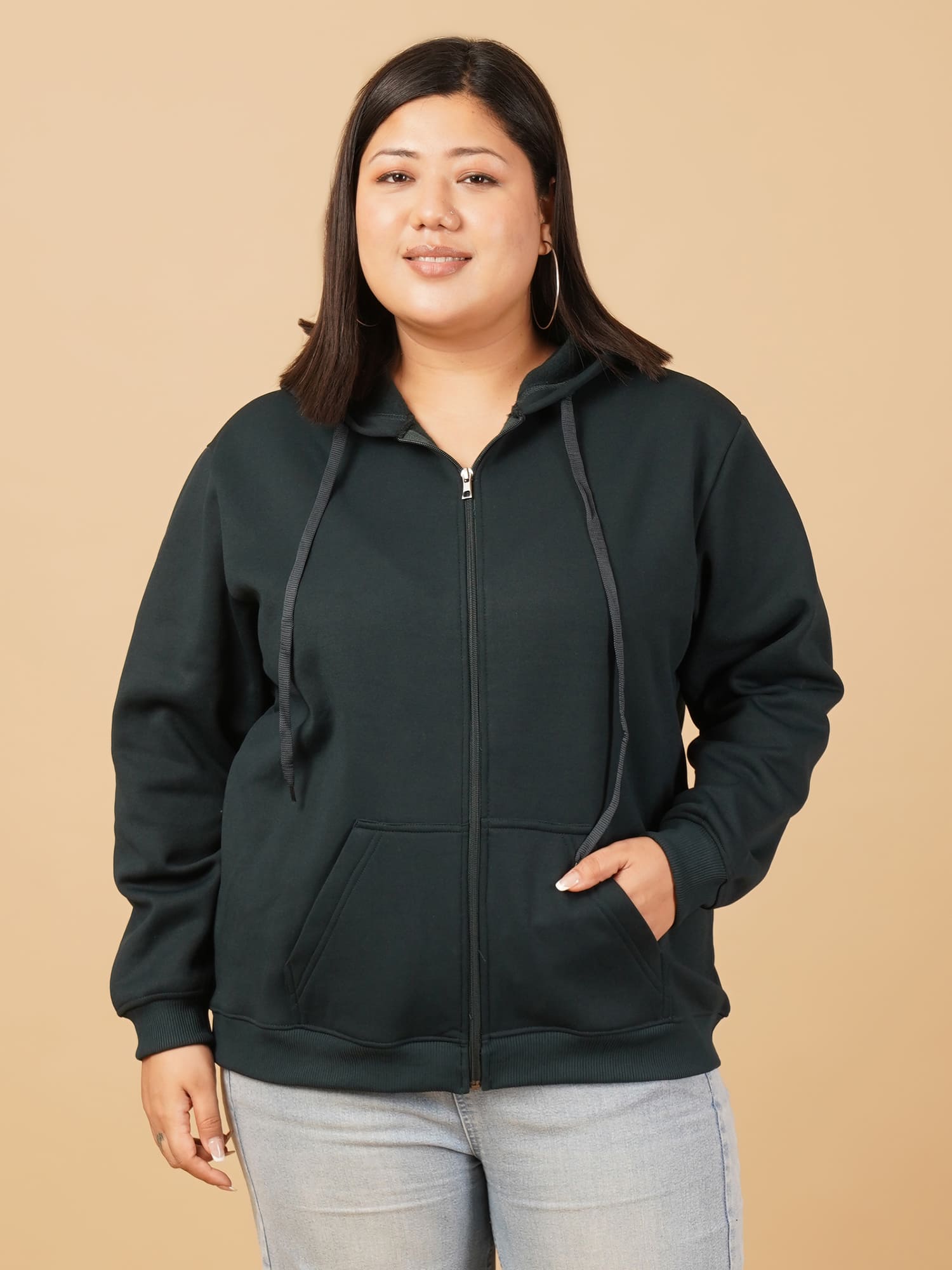 U&F Beyond Plus Size Cotton Green Solid Zip-Up Hooded Sweatshirt