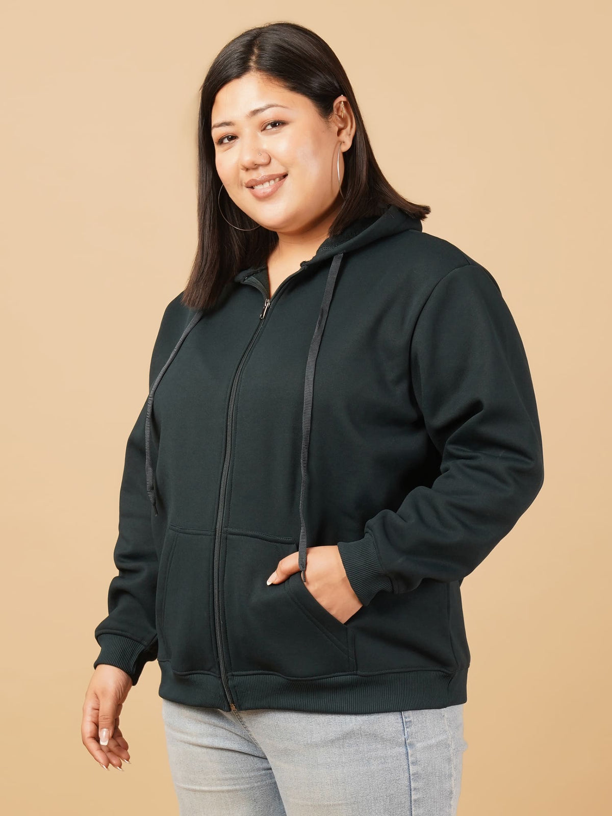 U&F Beyond Plus Size Cotton Green Solid Zip-Up Hooded Sweatshirt