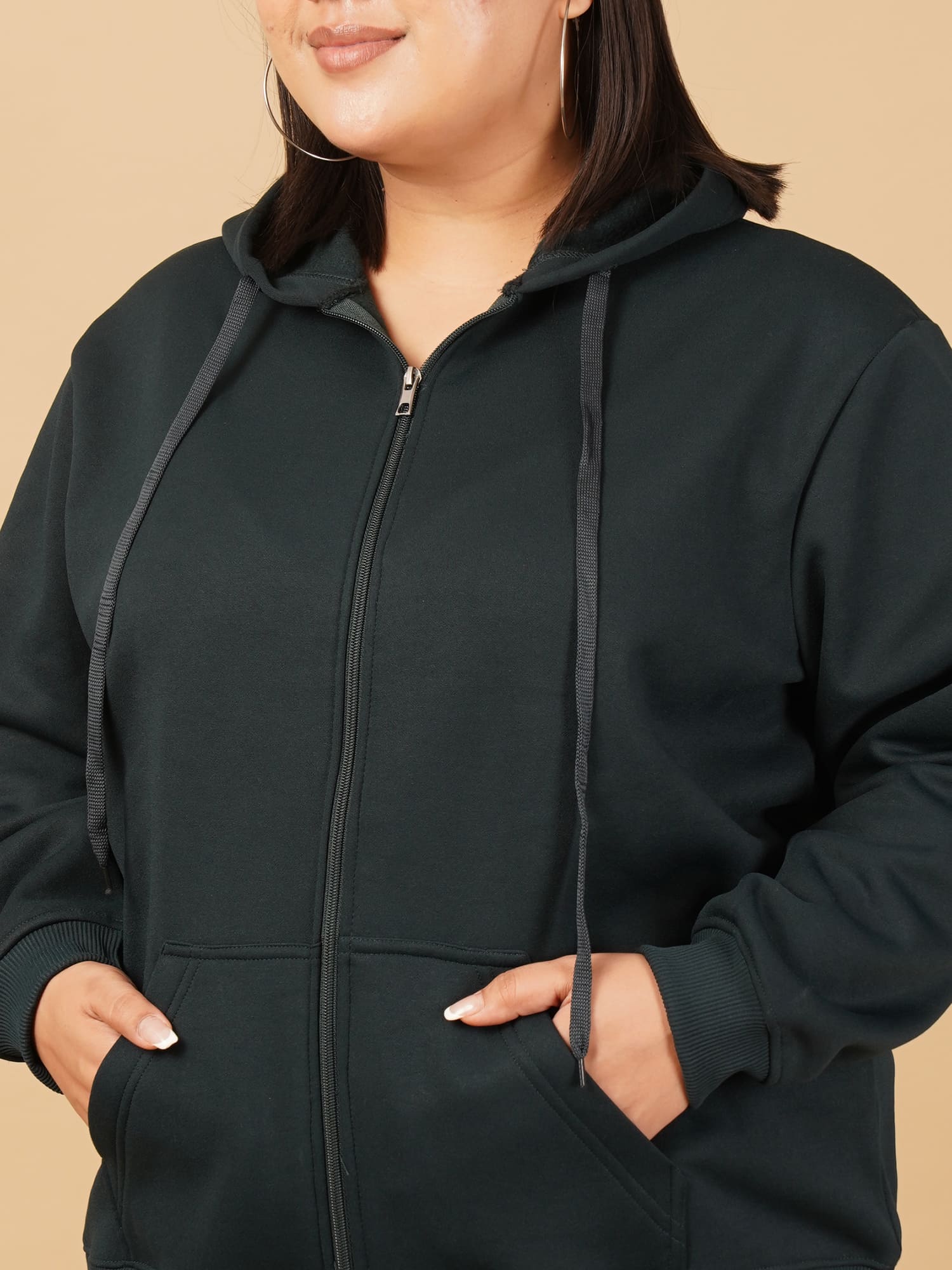 U&F Beyond Plus Size Cotton Green Solid Zip-Up Hooded Sweatshirt