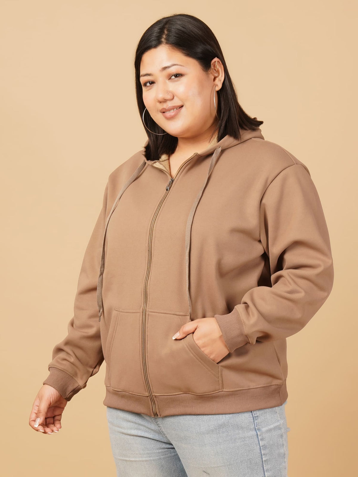 U&F Beyond Plus Size Cotton Brown Solid Zip-Up Hooded Sweatshirt
