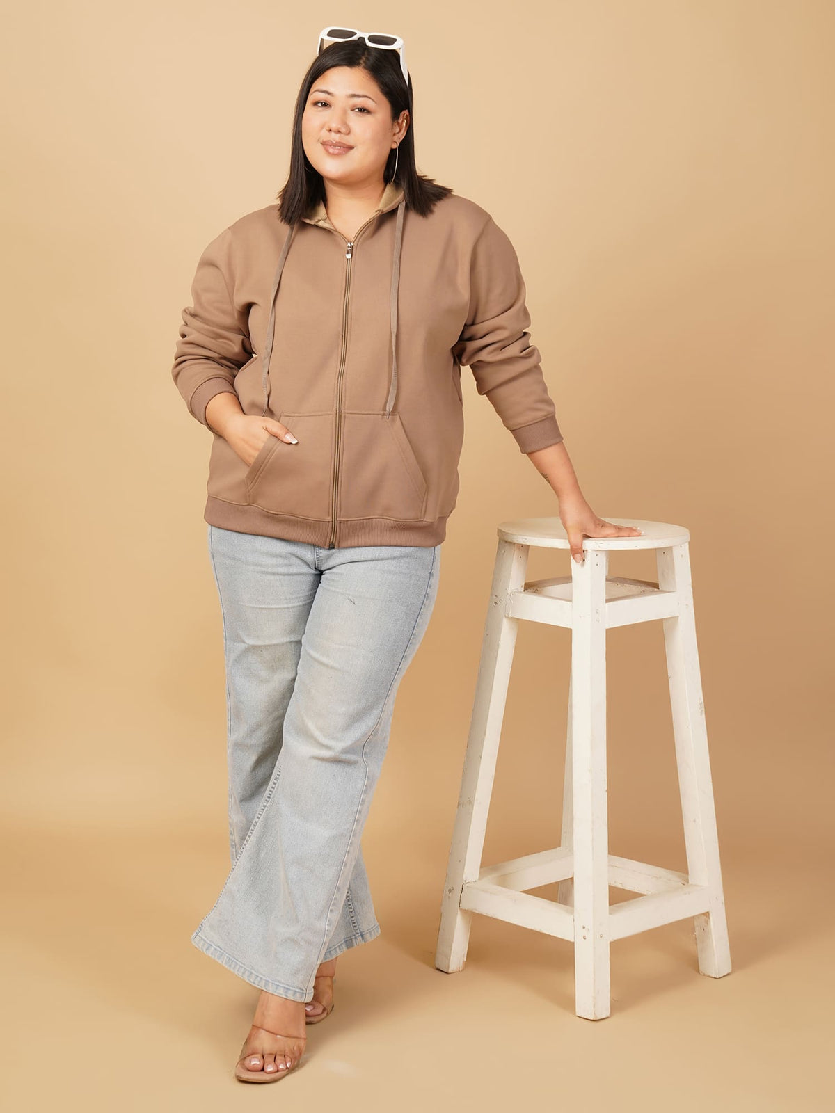 U&F Beyond Plus Size Cotton Brown Solid Zip-Up Hooded Sweatshirt