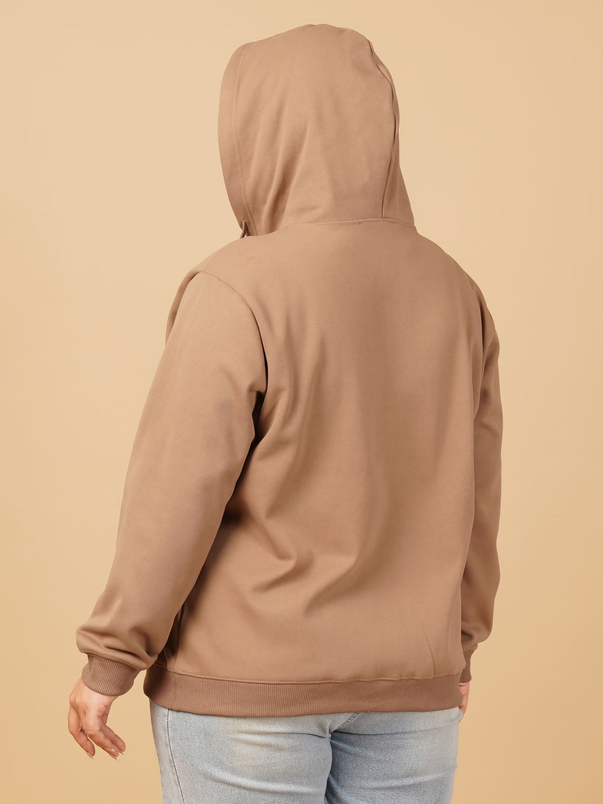 U&F Beyond Plus Size Cotton Brown Solid Zip-Up Hooded Sweatshirt