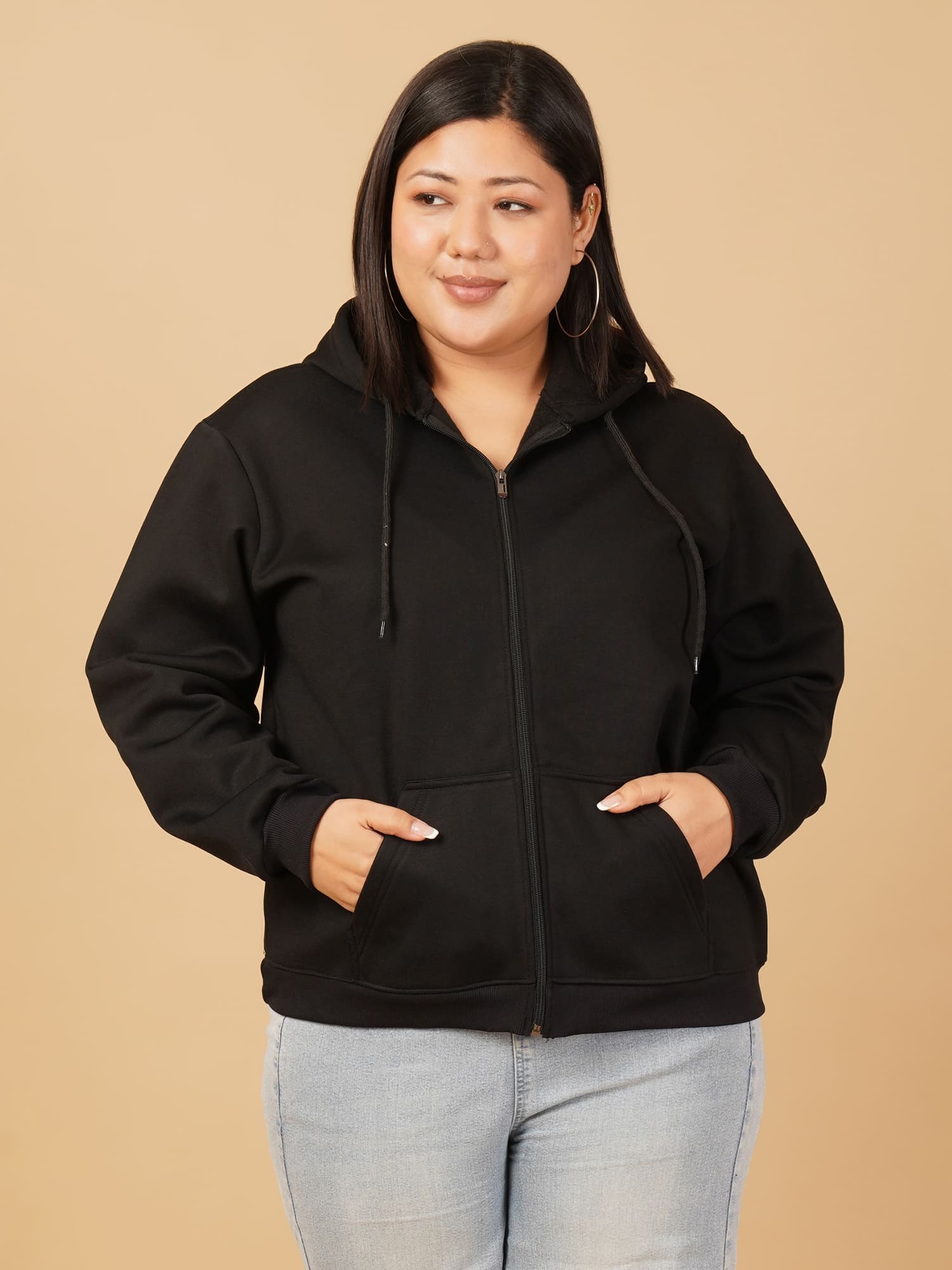 U&F Beyond Plus Size Cotton Black Solid Zip-Up Hooded Sweatshirt