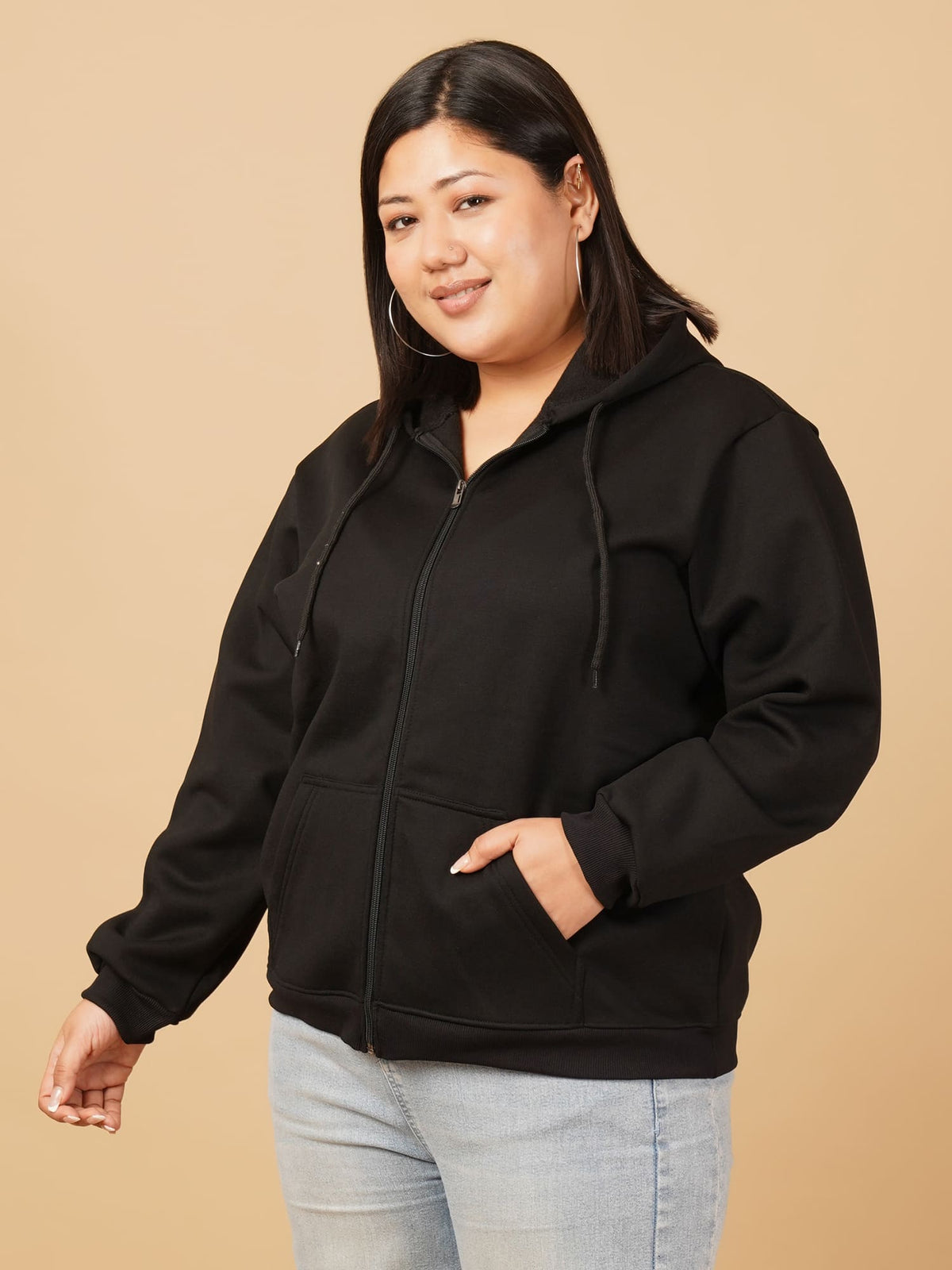 U&F Beyond Plus Size Cotton Black Solid Zip-Up Hooded Sweatshirt