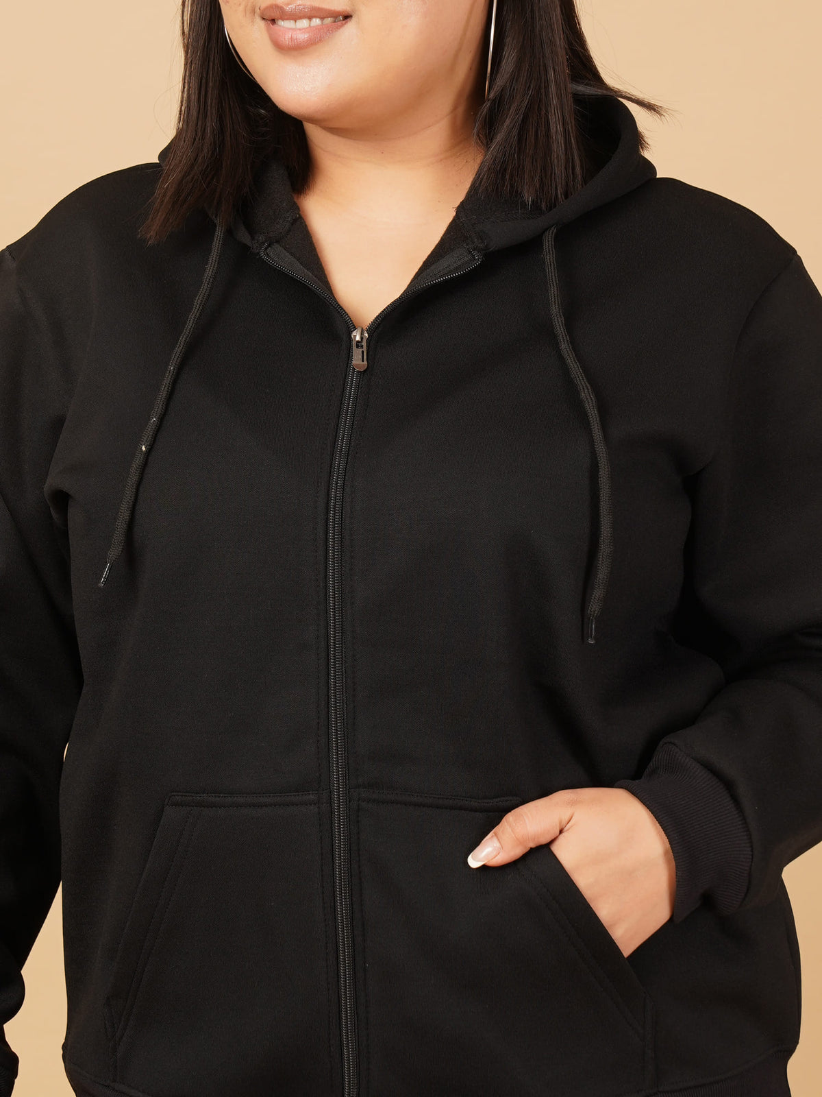 U&F Beyond Plus Size Cotton Black Solid Zip-Up Hooded Sweatshirt