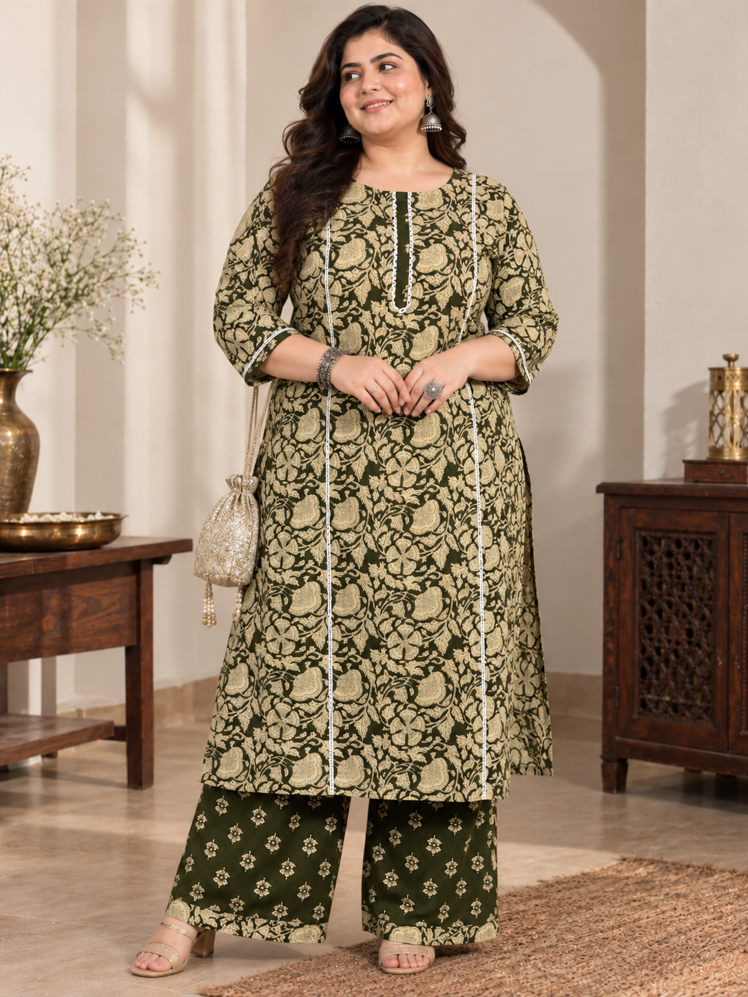 U&F Beyond Plus Size Women Dark Green Floral Printed Cotton Kurta Palazzo Set
