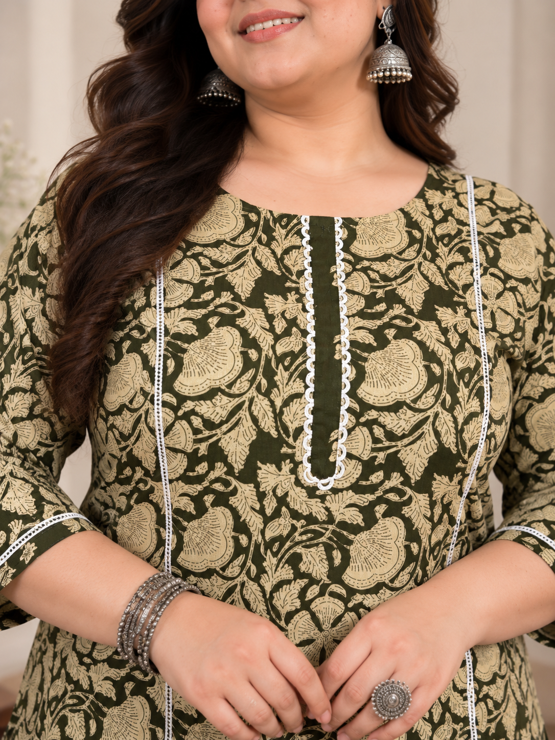 U&F Beyond Plus Size Women Dark Green Floral Printed Cotton Kurta Palazzo Set