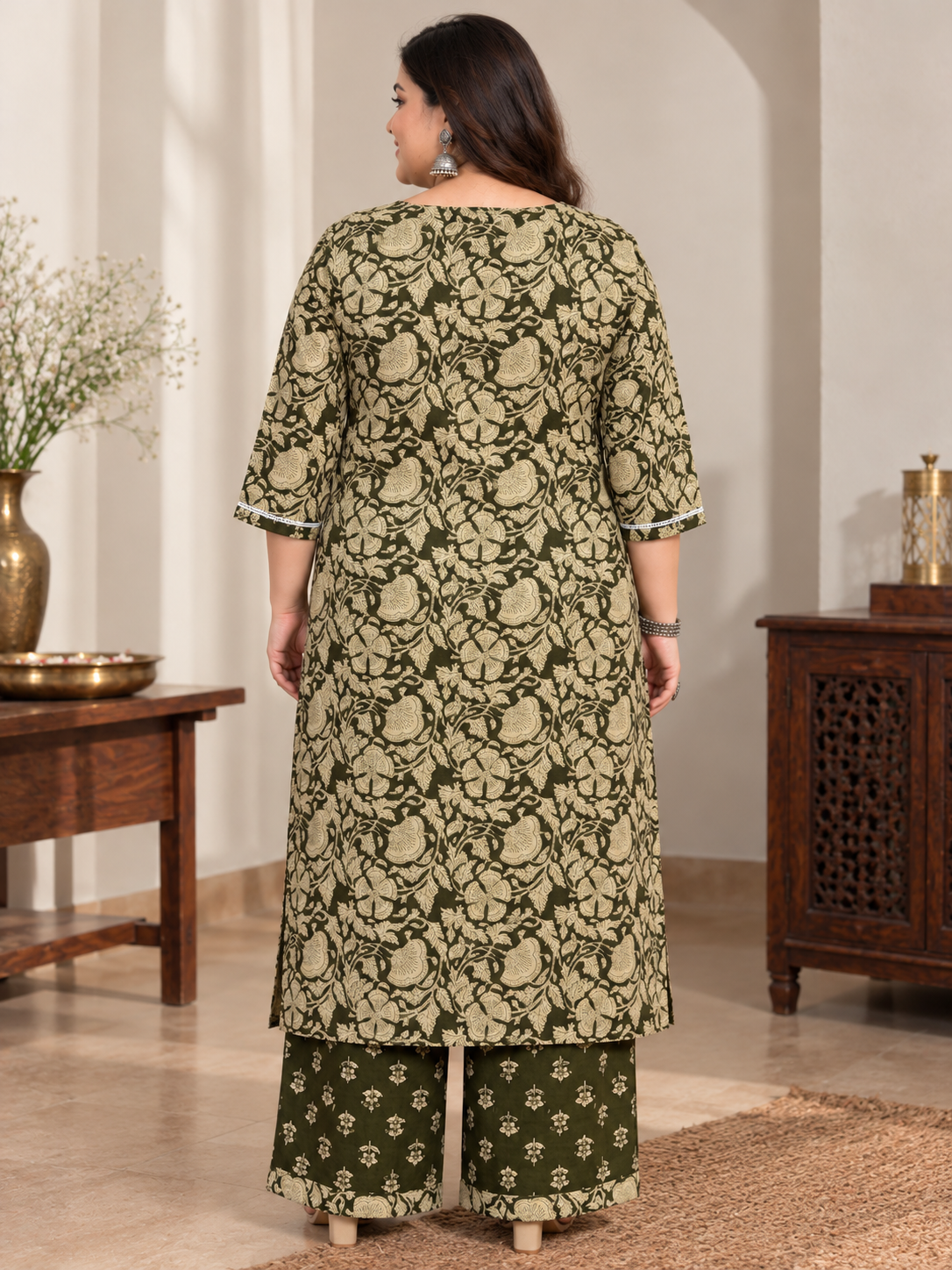 U&F Beyond Plus Size Women Dark Green Floral Printed Cotton Kurta Palazzo Set