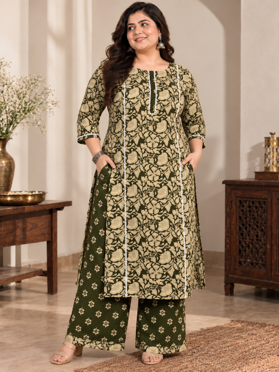 U&F Beyond Plus Size Women Dark Green Floral Printed Cotton Kurta Palazzo Set