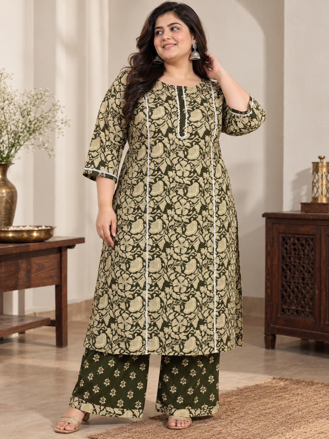 U&F Beyond Plus Size Women Dark Green Floral Printed Cotton Kurta Palazzo Set