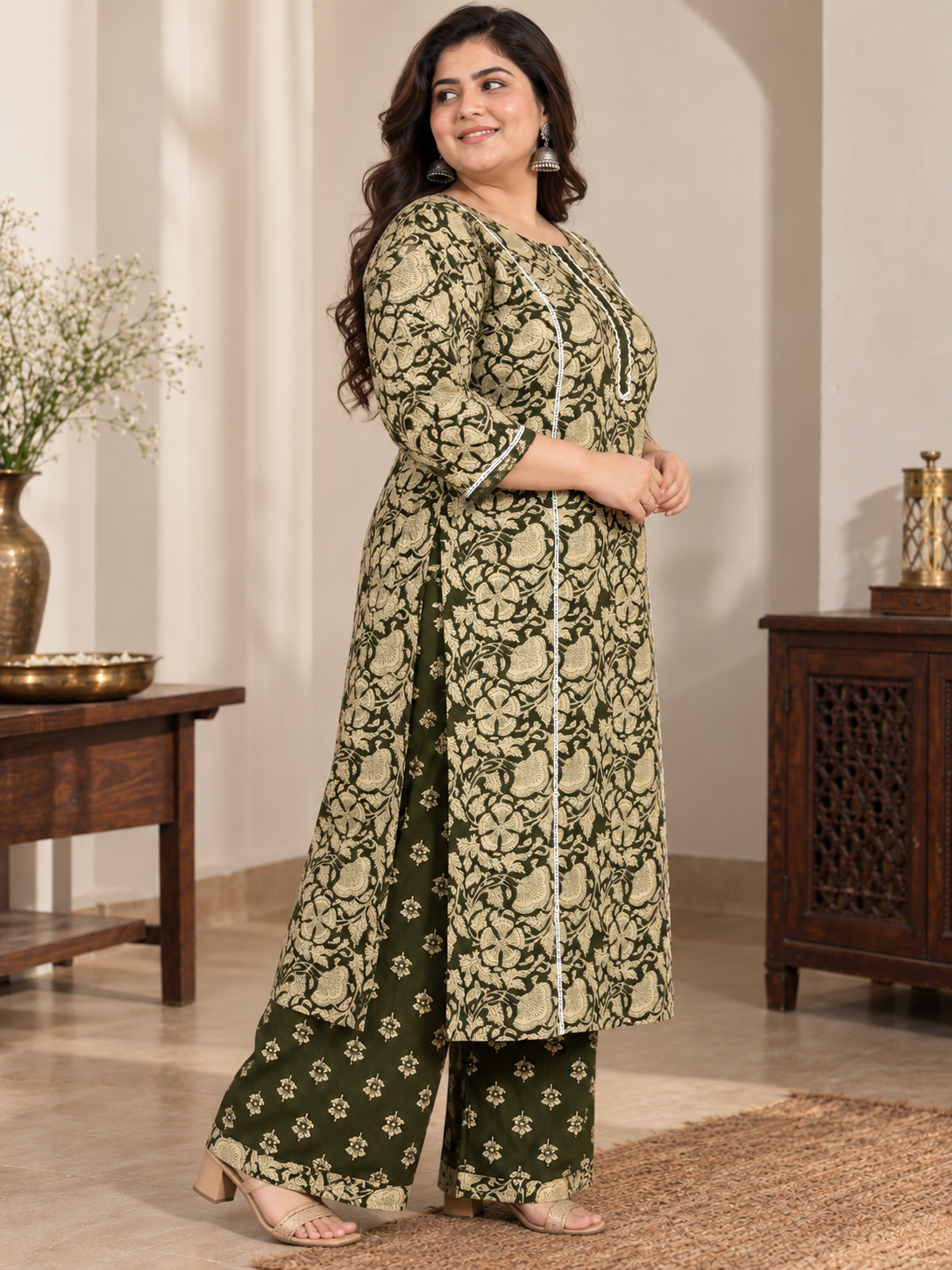 U&F Beyond Plus Size Women Dark Green Floral Printed Cotton Kurta Palazzo Set