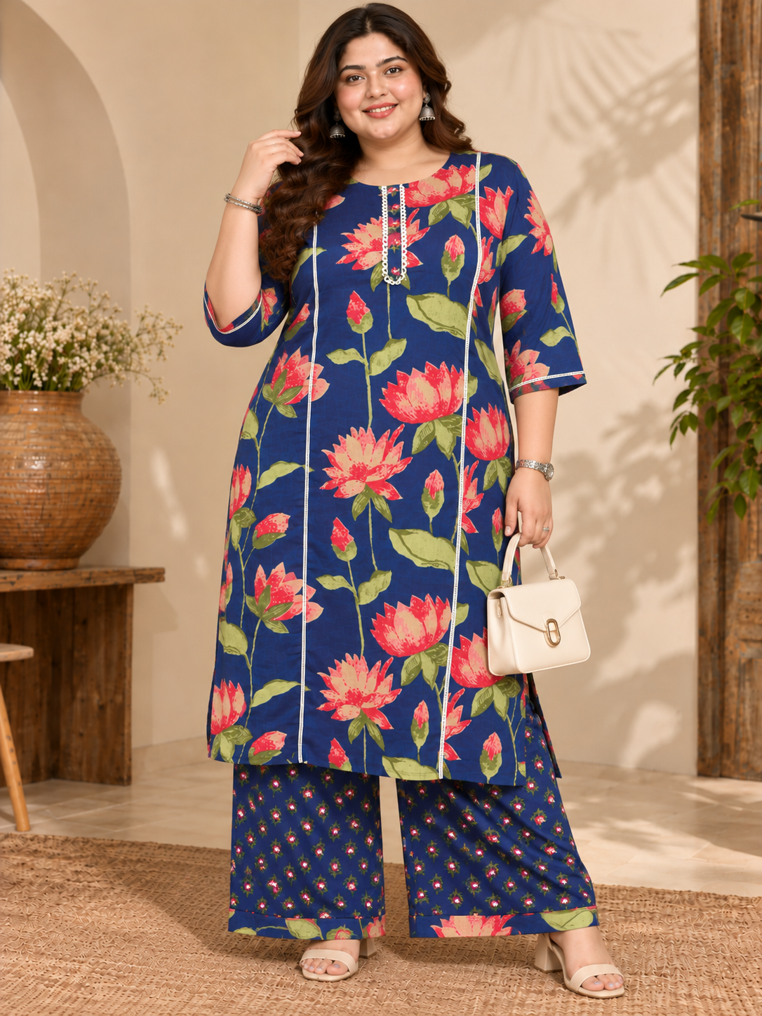 U&F Beyond Women’s Plus Size Navy Blue Floral Printed Cotton Kurta Palazzo Set