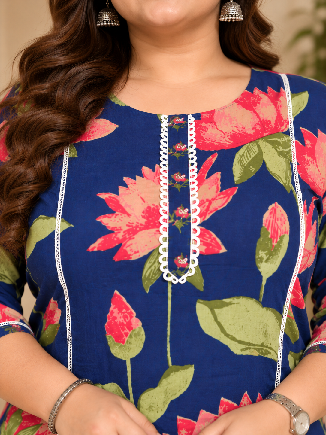 U&F Beyond Women’s Plus Size Navy Blue Floral Printed Cotton Kurta Palazzo Set
