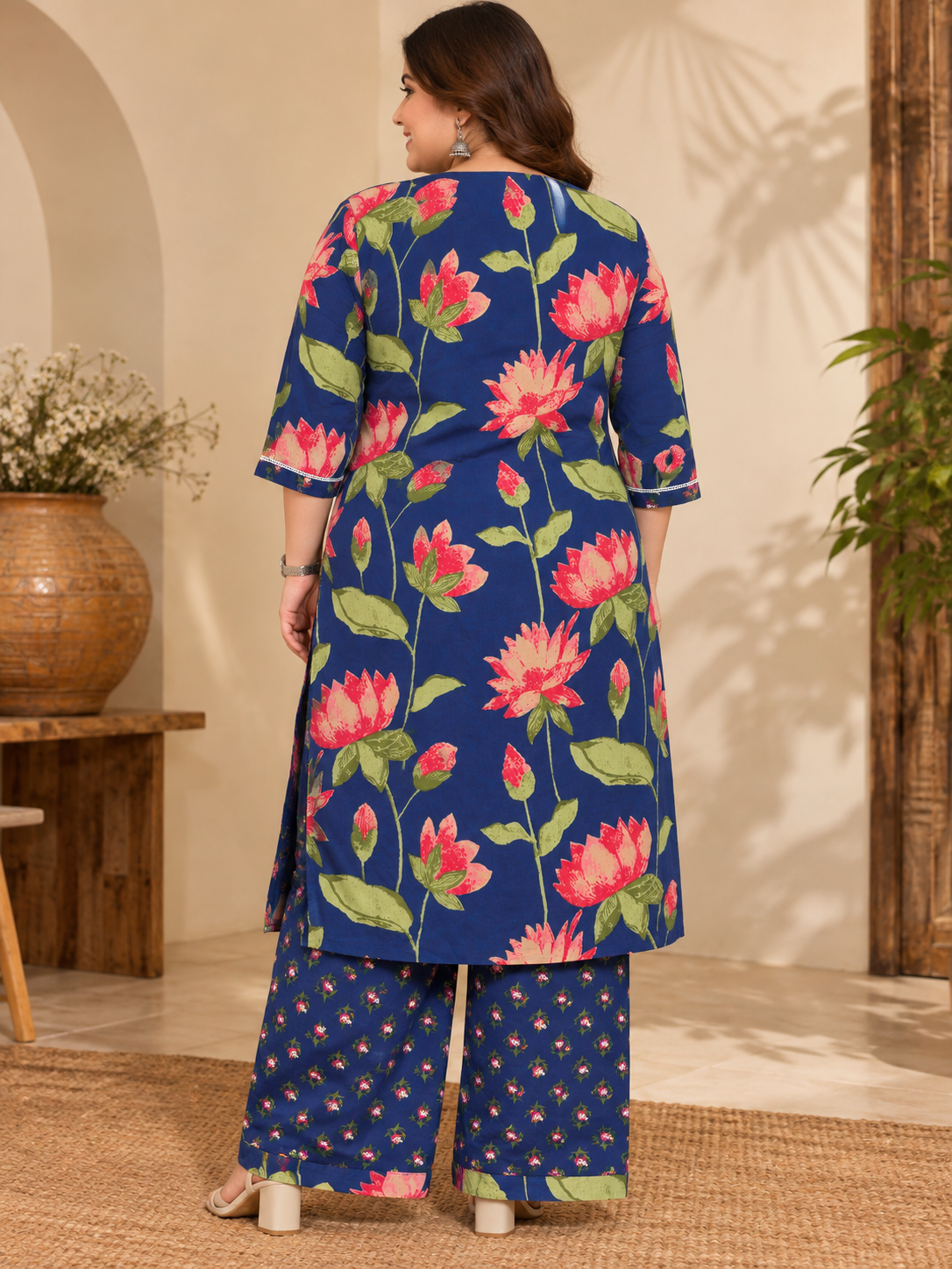 U&F Beyond Women’s Plus Size Navy Blue Floral Printed Cotton Kurta Palazzo Set
