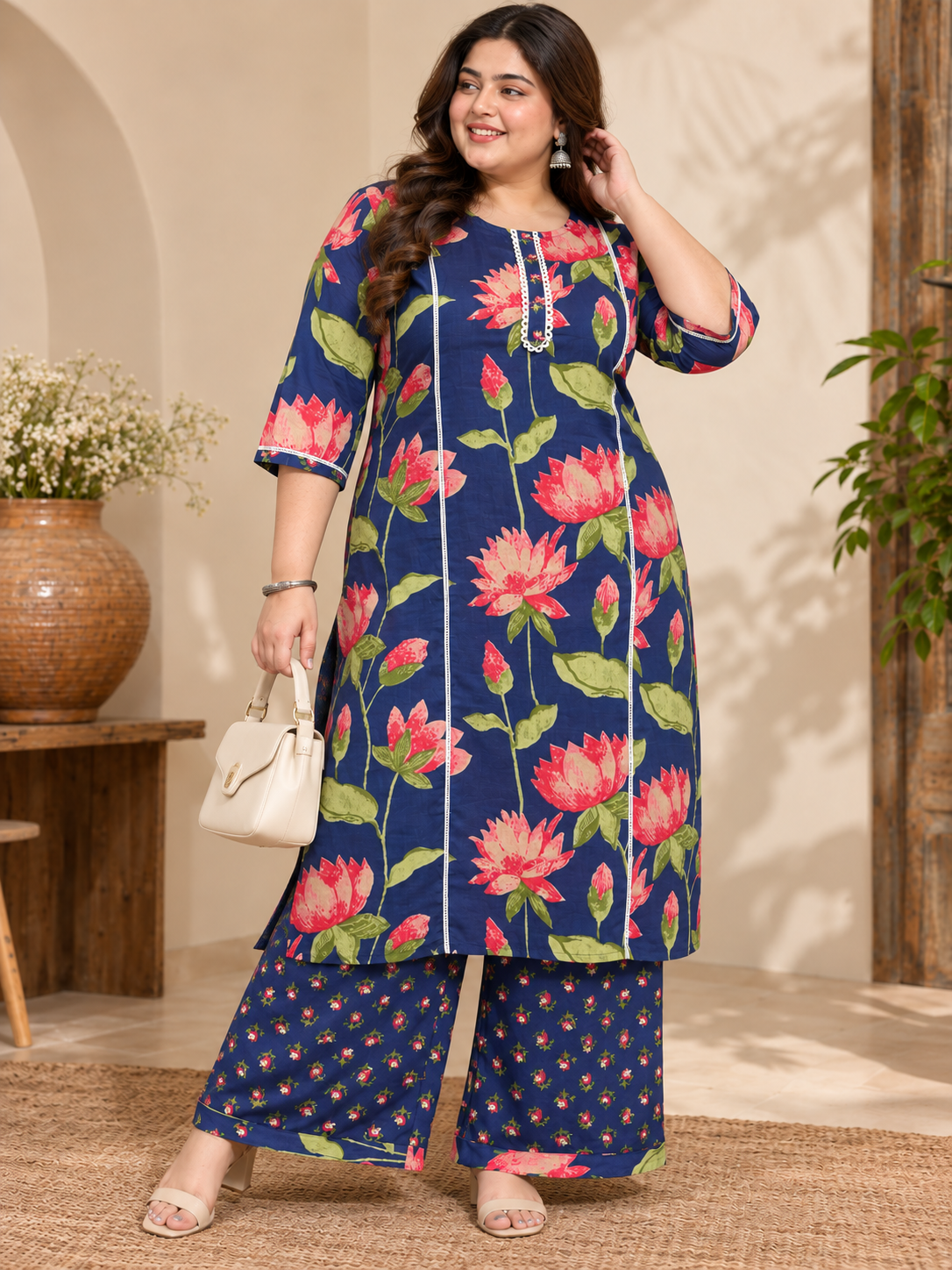 U&F Beyond Women’s Plus Size Navy Blue Floral Printed Cotton Kurta Palazzo Set