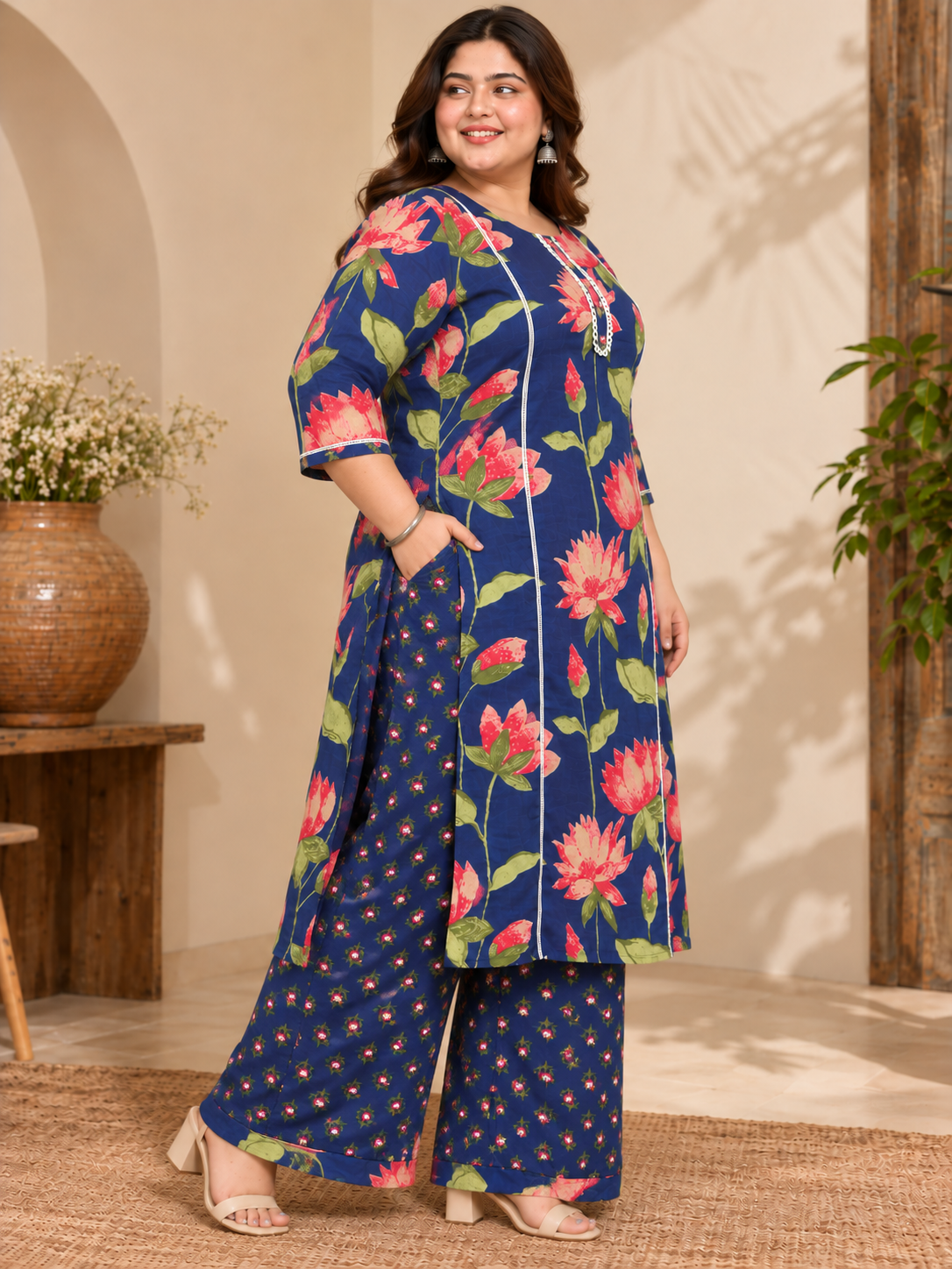 U&F Beyond Women’s Plus Size Navy Blue Floral Printed Cotton Kurta Palazzo Set