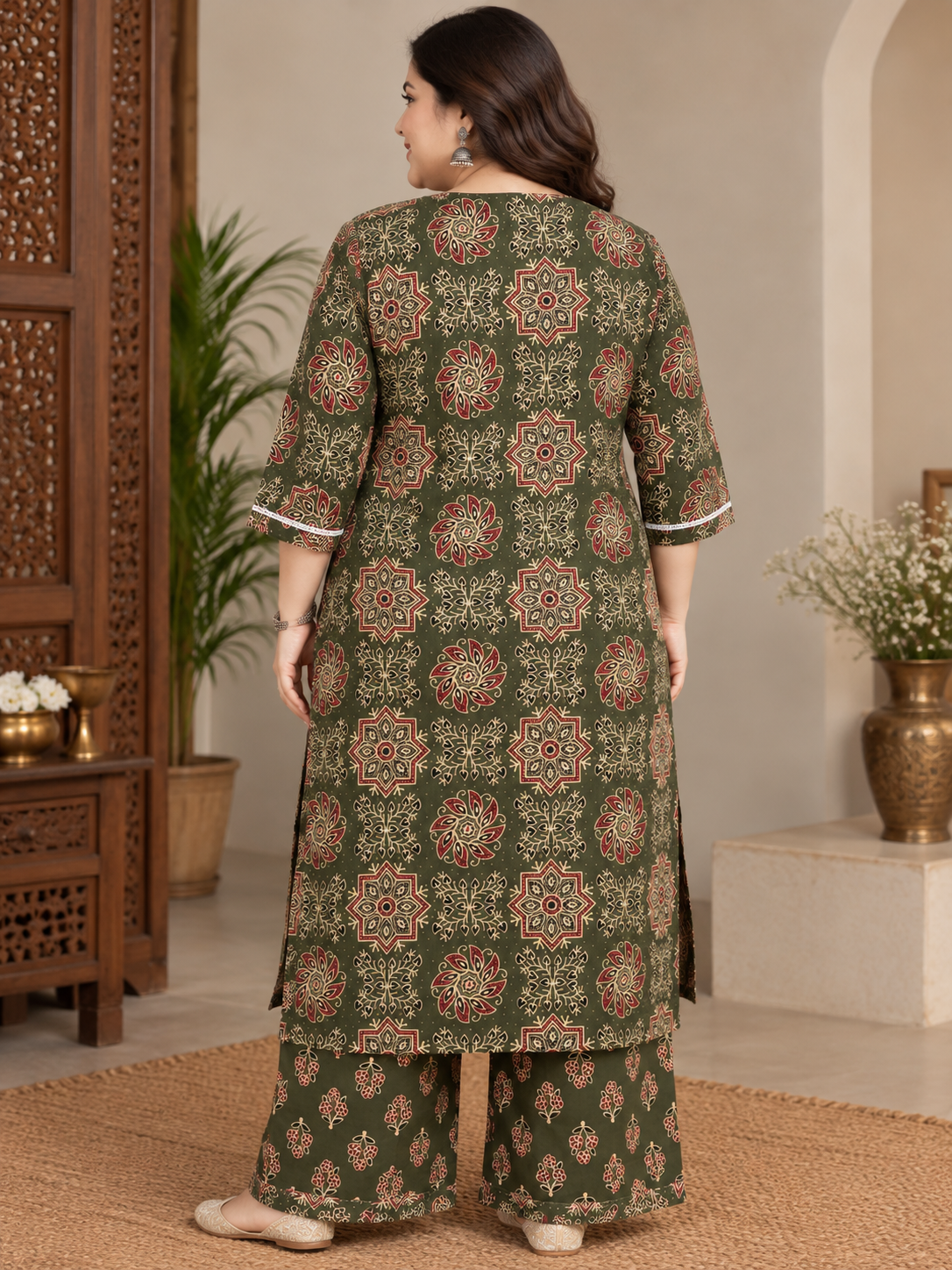 U&F Beyond Plus Size Women Olive Green Printed Cotton Kurta Palazzo Set