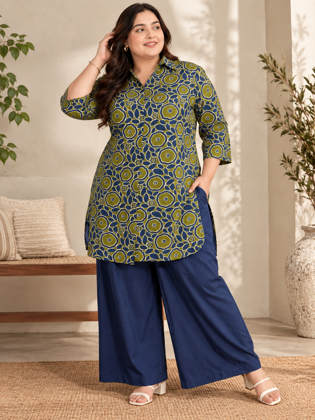 U&F Beyond Women Plus-Size Olive Green & Navy Blue Geometric Printed Cotton Kurta with Wide-Leg Pants Set