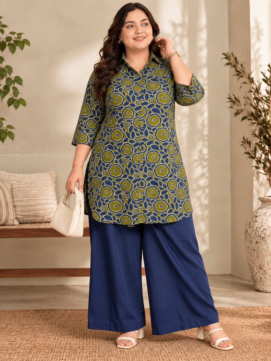 U&F Beyond Women Plus-Size Olive Green & Navy Blue Geometric Printed Cotton Kurta with Wide-Leg Pants Set