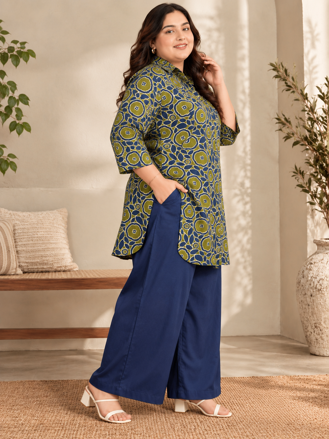 U&F Beyond Women Plus-Size Olive Green & Navy Blue Geometric Printed Cotton Kurta with Wide-Leg Pants Set