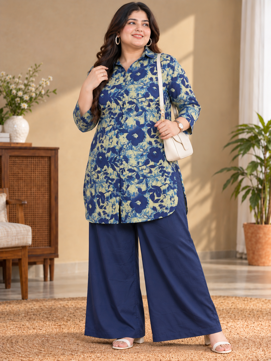 U&F Beyond Women Plus-Size Blue Floral Printed Cotton Kurta with Wide-Leg Pants Set