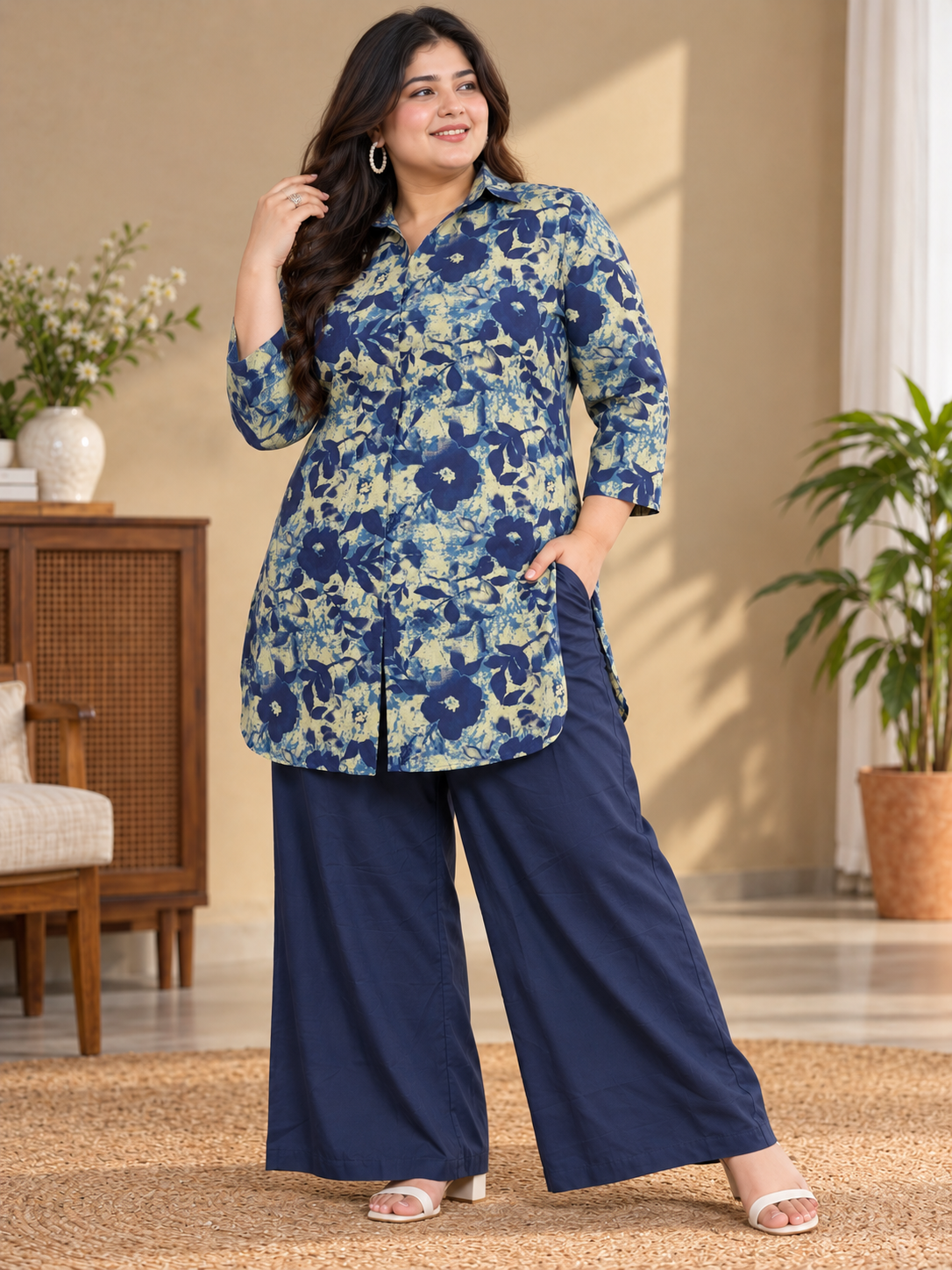 U&F Beyond Women Plus-Size Blue Floral Printed Cotton Kurta with Wide-Leg Pants Set
