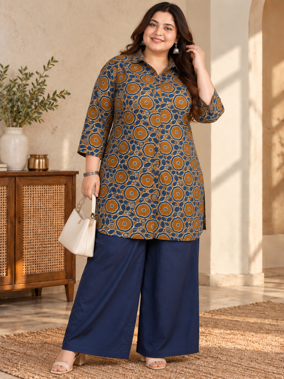 U&F Beyond Women Plus-Size Rust Brown & Navy Blue Geometric Printed Cotton Kurta with Wide-Leg Pants Set