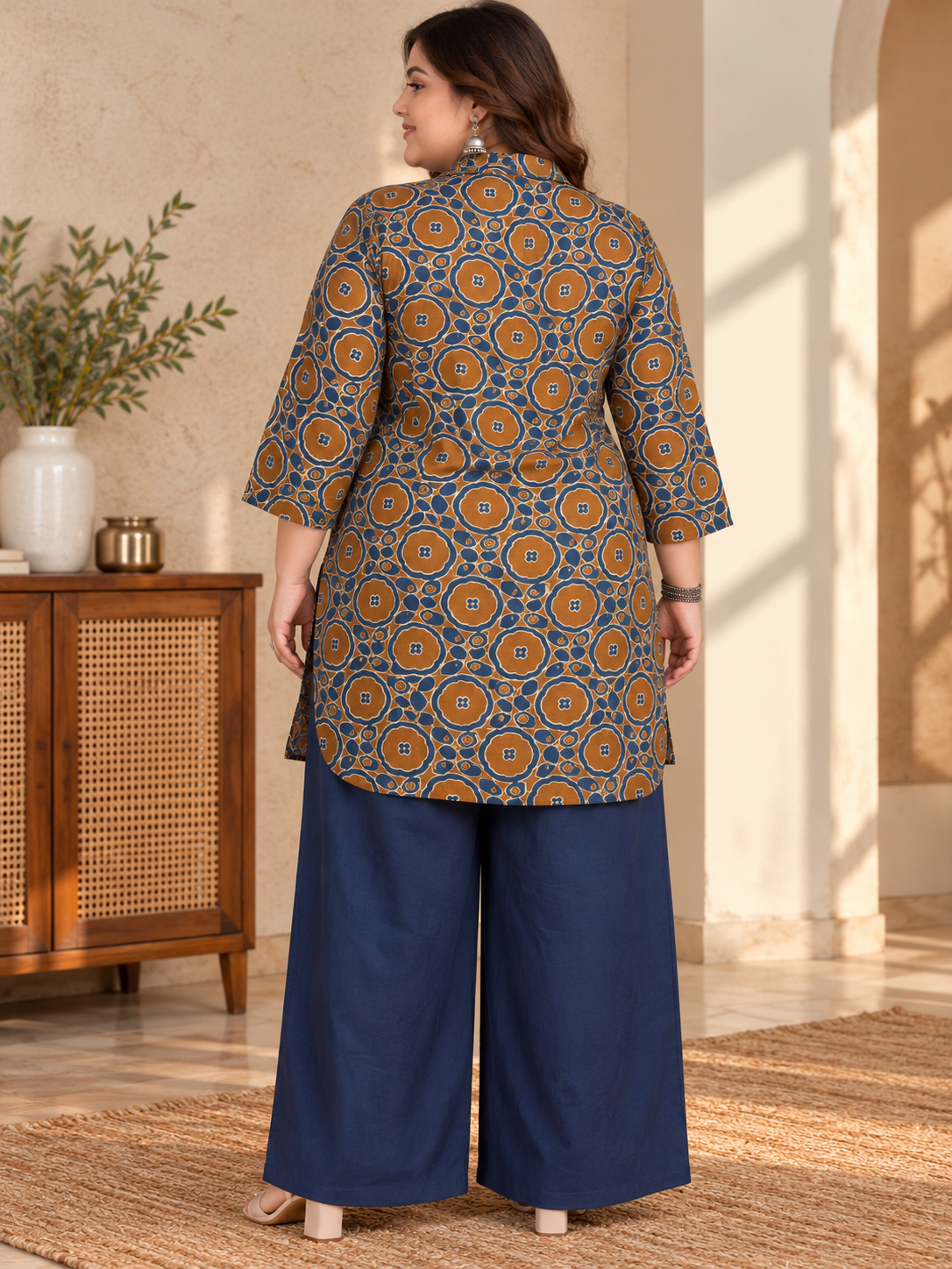 U&F Beyond Women Plus-Size Rust Brown & Navy Blue Geometric Printed Cotton Kurta with Wide-Leg Pants Set