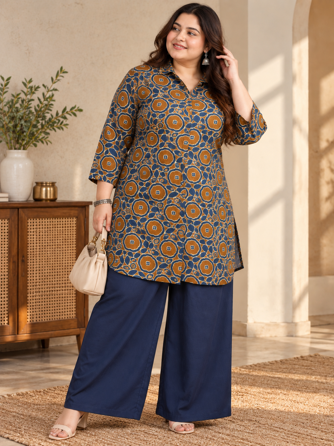 U&F Beyond Women Plus-Size Rust Brown & Navy Blue Geometric Printed Cotton Kurta with Wide-Leg Pants Set