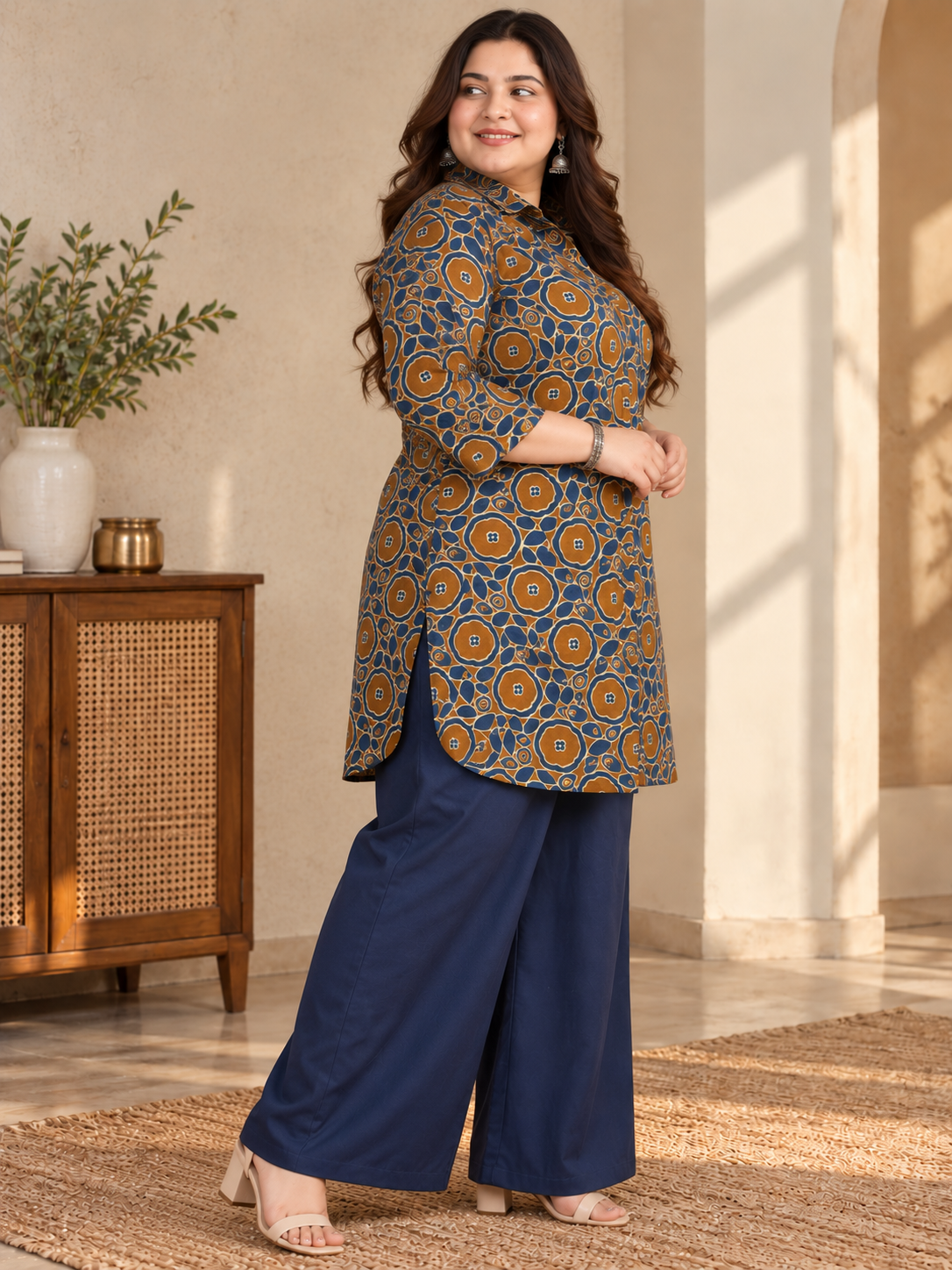 U&F Beyond Women Plus-Size Rust Brown & Navy Blue Geometric Printed Cotton Kurta with Wide-Leg Pants Set