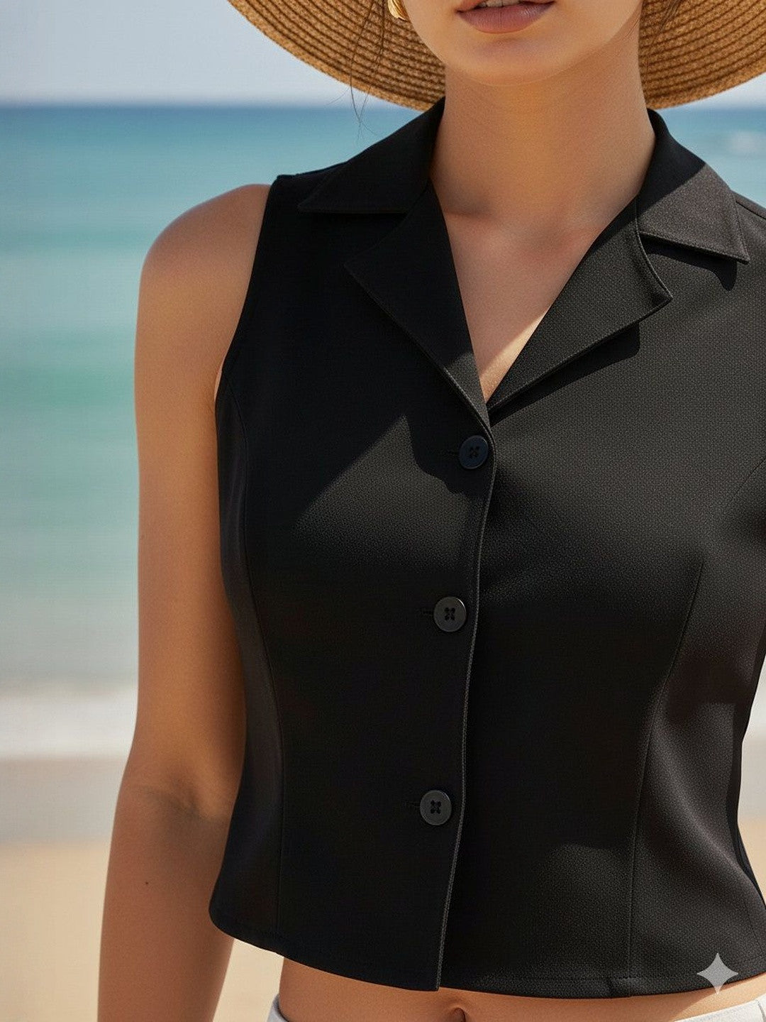 U&F Women Black Solid Shirt Collar Style  Crop Top