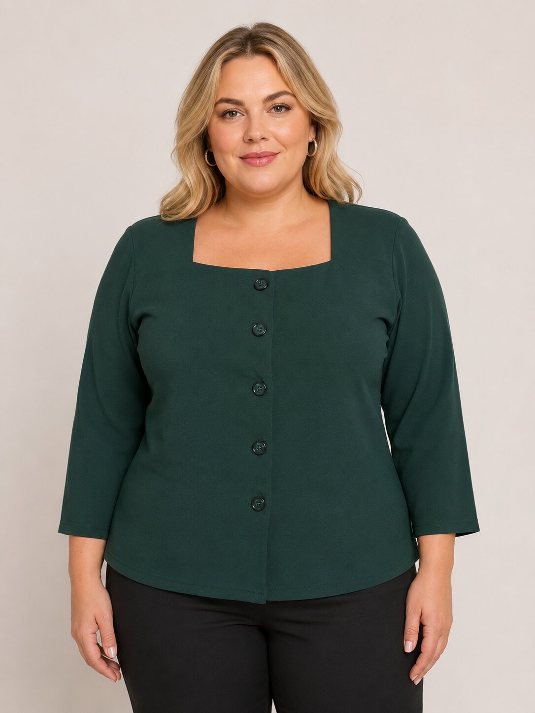 U&F Beyond Plus Size Forest Green Button-Front Square Neck Top