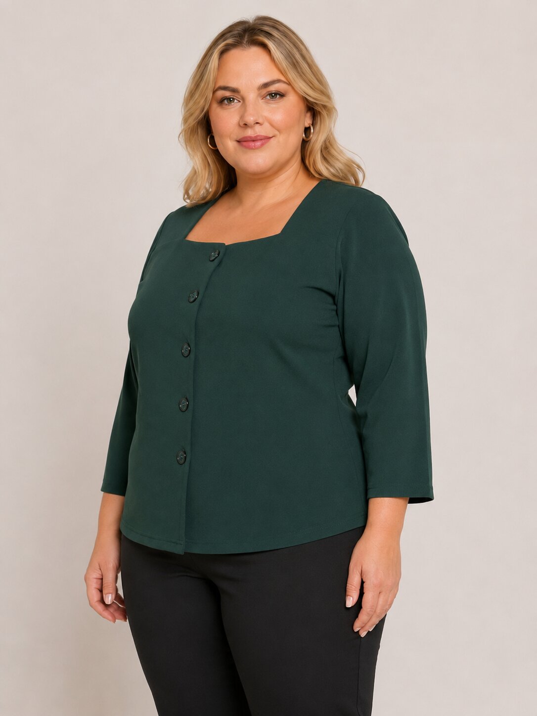 U&F Beyond Plus Size Forest Green Button-Front Square Neck Top