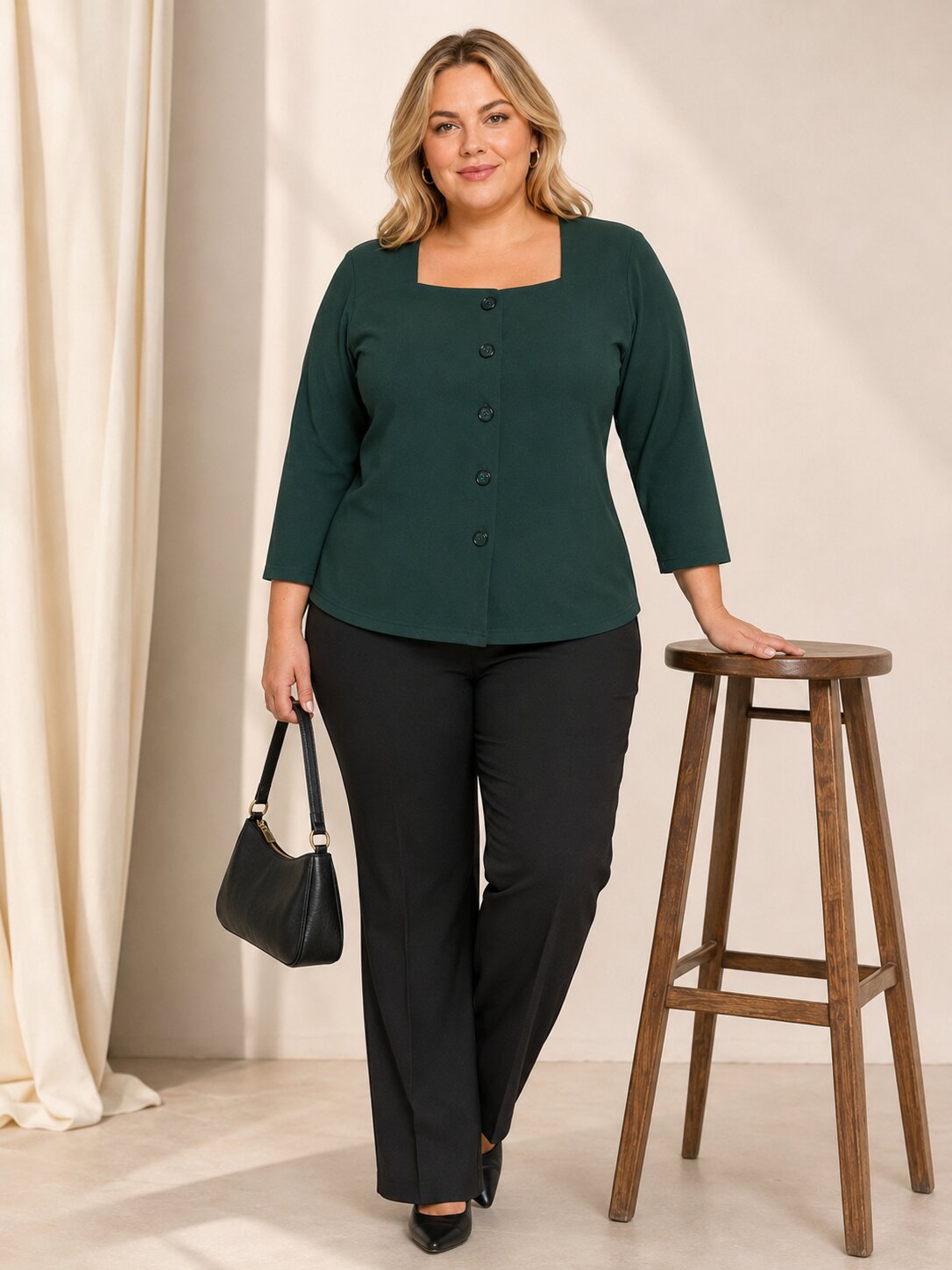 U&F Beyond Plus Size Forest Green Button-Front Square Neck Top
